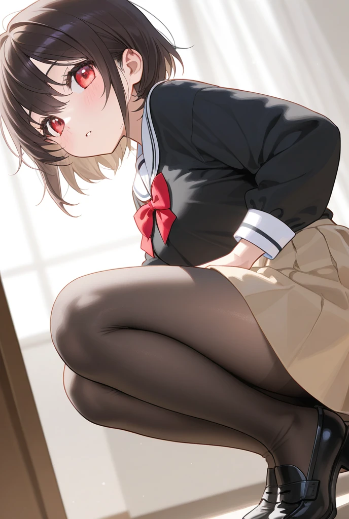 1girl in、Front-facing、Composition from below、Full body portrait、brown haired、Shorthair、Medium haircut、red blush、Absolute Area、Black knee socks、Black knee high、Black stockings、Black pantyhose、Black Lace Pantyhose、White underwear、white panties、No shoes、without shoes、White pleated skirt、student clothes、Japan High School Student Uniform、summer clothing、inside the house、during daytime、(small tits)、((full bodyesbian))、masterpiece、(top-quality)