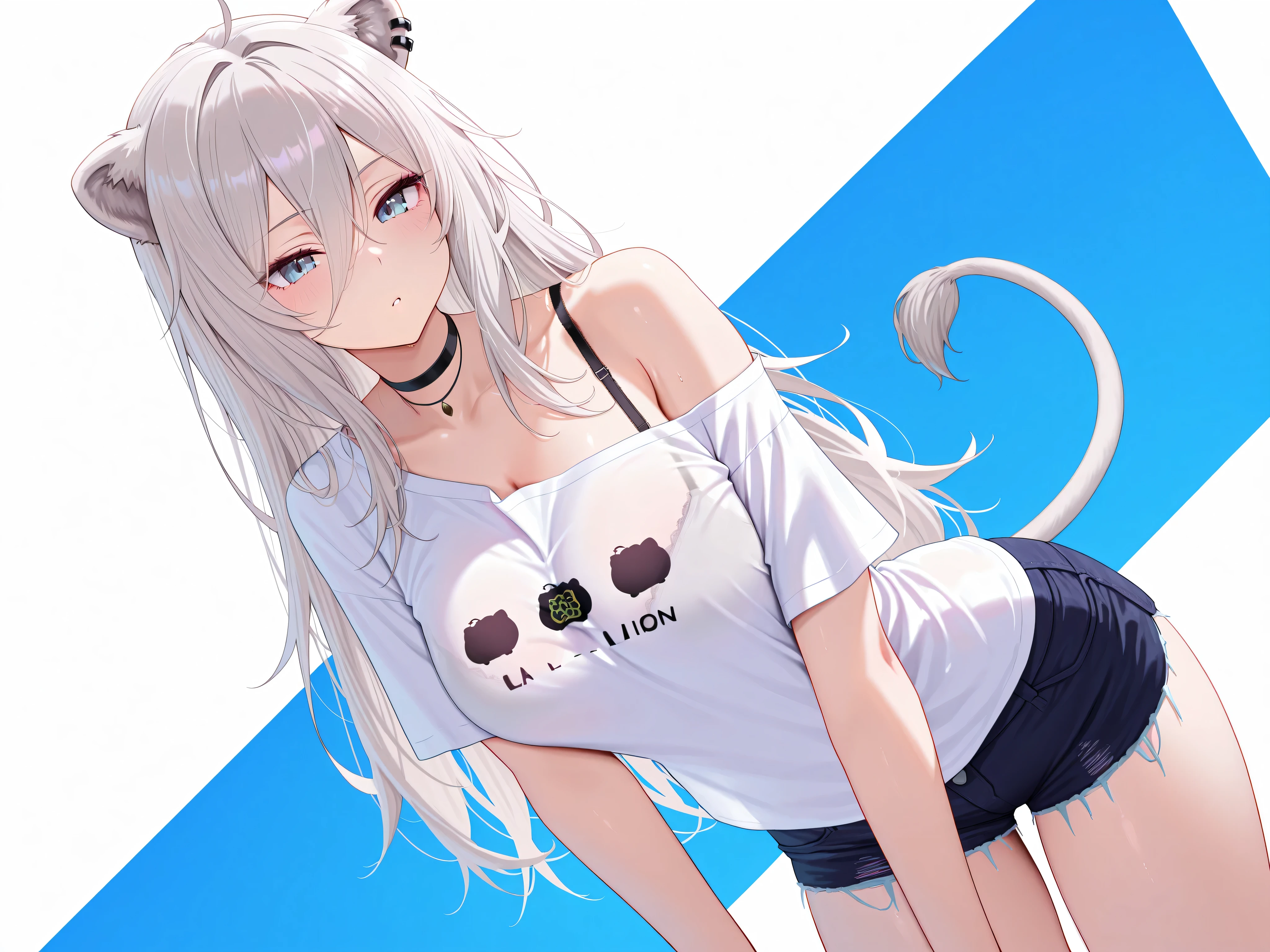 solo,masterpiece,best quality, amazing quality, highres, absurdres, very aesthetic, high resolution, ultra detailed, perfect details,botanIL, ear piercing, lion tail,botancasual, long hair, hair between eyes, off shoulder, black choker, short sleeves, white shirt, short shorts, bra strap, choker