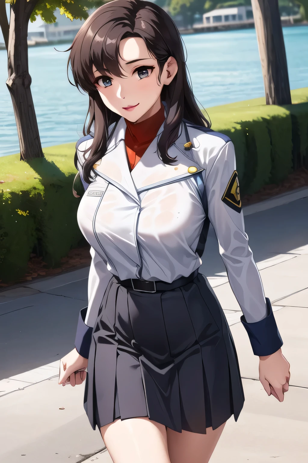 (masterpiece:1.2, top-quality), (realistic, photorealistic:1.4), beautiful illustration, (natural side lighting, movie lighting), nsfw, 
looking at viewer, cowboy shot, front view:0.6, 1 girl,  high school girl, perfect face, cute and symmetrical face, shiny skin, 
(Long hair:1.5,, black hair), bangs pinned back, red eyes, long eye lasher, (large breasts:1.5, thick thighs), 
beautiful hair, beautiful face, beautiful detailed eyes, beautiful clavicle, beautiful body, beautiful chest, beautiful thigh, beautiful legs, beautiful fingers, 
((white collared shirts, navy jacket, grey pleated mini skirt, navy socks, brown loafer, red tie)), 
(beautiful scenery), evening, riverside, standing, (half-closed eye,lovely smile, upper eyes), 