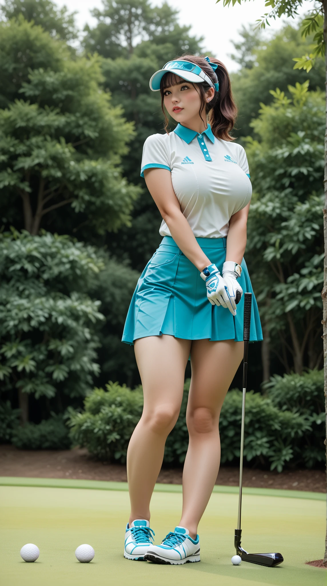 Highly detailed CG Unity 8k wallpaper, with the best quality, Super detailed, masterpiece, realistic, Realistic Photos, Highly detailed cute girl, 1, solo、slender, tall 165cm, (golf wear) , (golf mini flared skirt) , (hugging a golf driver), (wearing golf gloves)、smile , round eyes, slender body, small breasts、viewers watching, full body shot , golf course , (patting_line watching style), on green, ((squat pose)), Sun visor, ((low angle photo)), (panties), beautiful pussy, nsfw, ribbon, ponytail, tongue out,