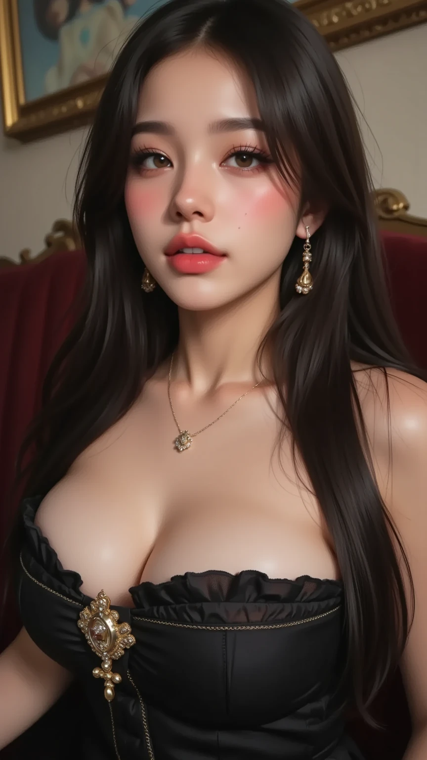 8k, clear image, vampiresa sexy, sangre en los labias, labios grandes, sonriendo, colmillos de vampiro, nudity, nipples, breasts pressed together, 18, teen, young, elegant necklace, elegant gloves, choker, tiara, public, castle, golden sunlight, best lighting, masterpiece, skin oily,