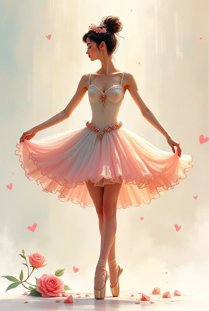 Personnage inspiré d'une ballerines avec un ruban agenda avec des point jaune est rose un costume de ballerine avec des talon rose un costume de ballerines blanc teinté de agenda est de rose clair avec une sertein grâce est éternel des pétales de rose une tête avec des yeux marrons est noir des cheveux attachés et un côté de combattant dangereux