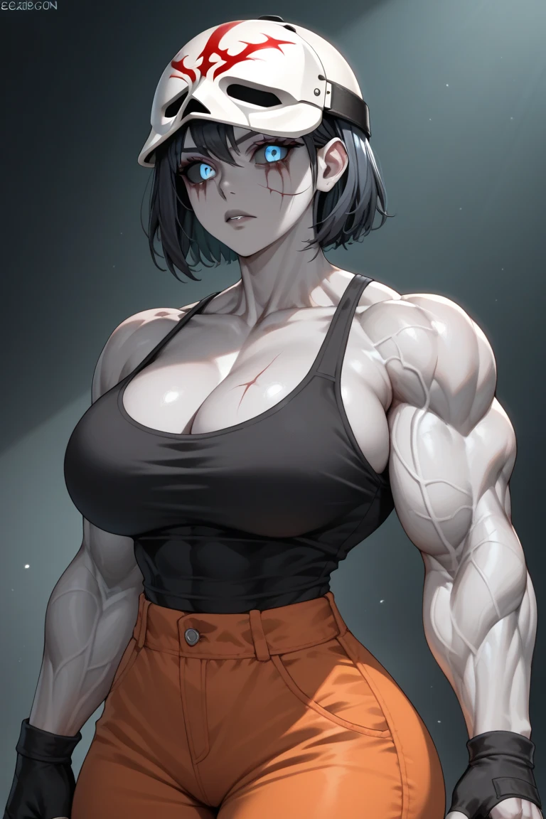 sad (((muscular girl large breasts thick))) pale skin black hair yellow eyes sweaty drop shadow waistup highly detailed detailed eyes detailed eyes detailed eyes