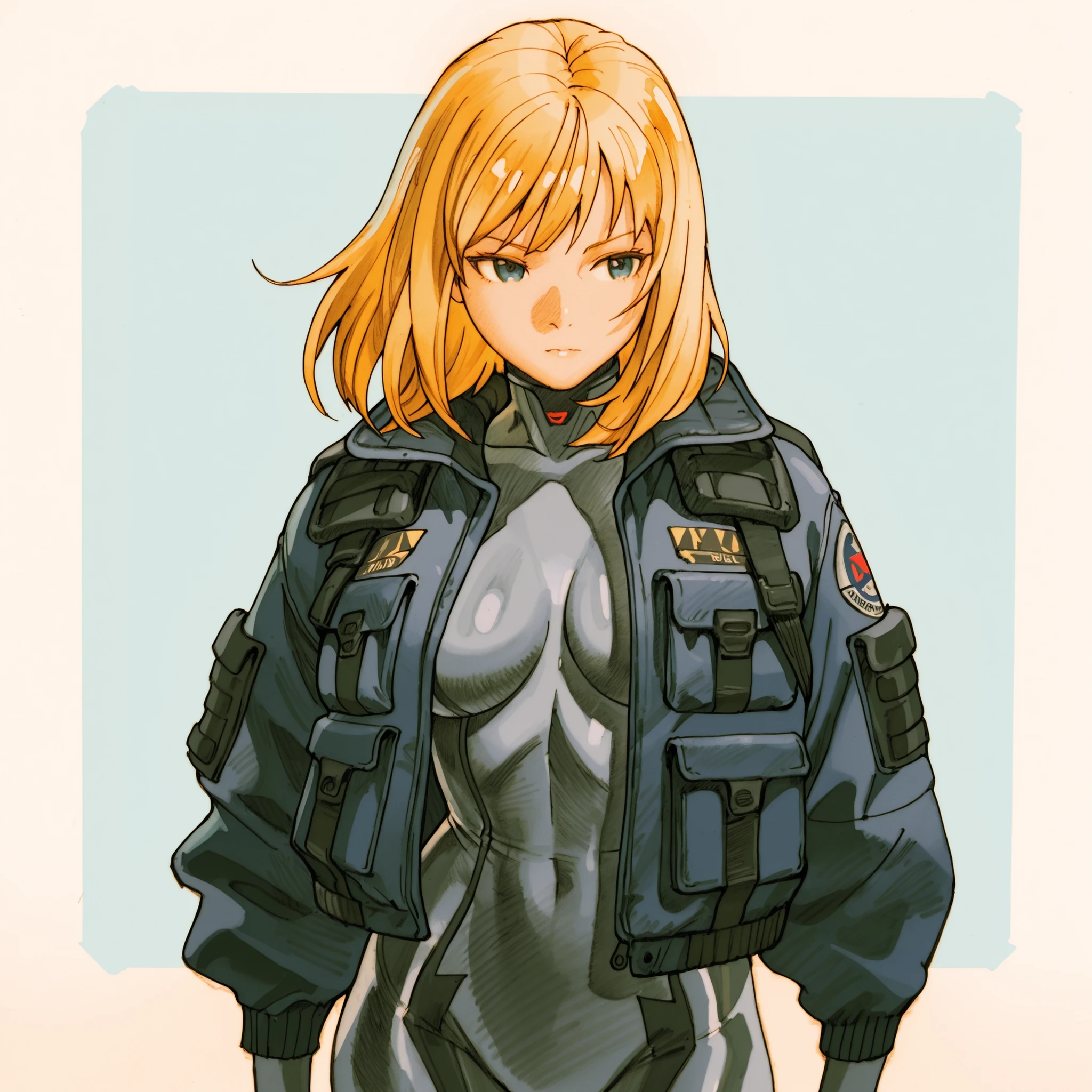  Bengmvc, traditional media, masterpiece,best quality, 1girl, medium hair, blonde hair, skin tight, grey and black body suit, cowboy shot, dark blue short jacket, long sleeves, tactical jacket,jacket over body suit, portrait, standing, upper body, three quarter view, three-quarter view, 