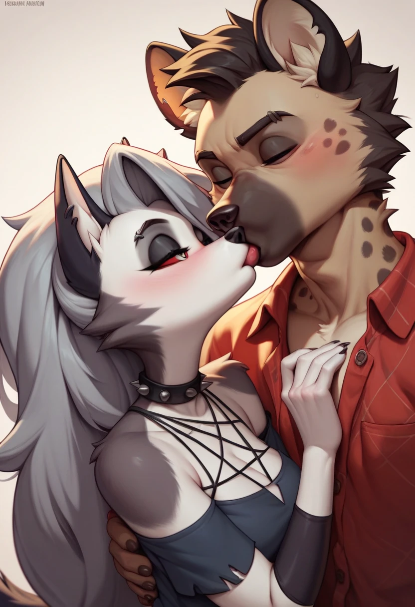 Duo, score_9, score_8_up, score_7_up, score_6_up, score_5_up, score_4_up, source_furry, kemono style, Harley Quinn, she is an Anthro furry white arctic fox, all white furry body, snout, tail, simple white background, naked, blowjob, she is sucking a large black werewolf males dick, werewolf is cropped out, cumming in her mouth, shocked expression, deepthroat:2, male is grabbing her head
