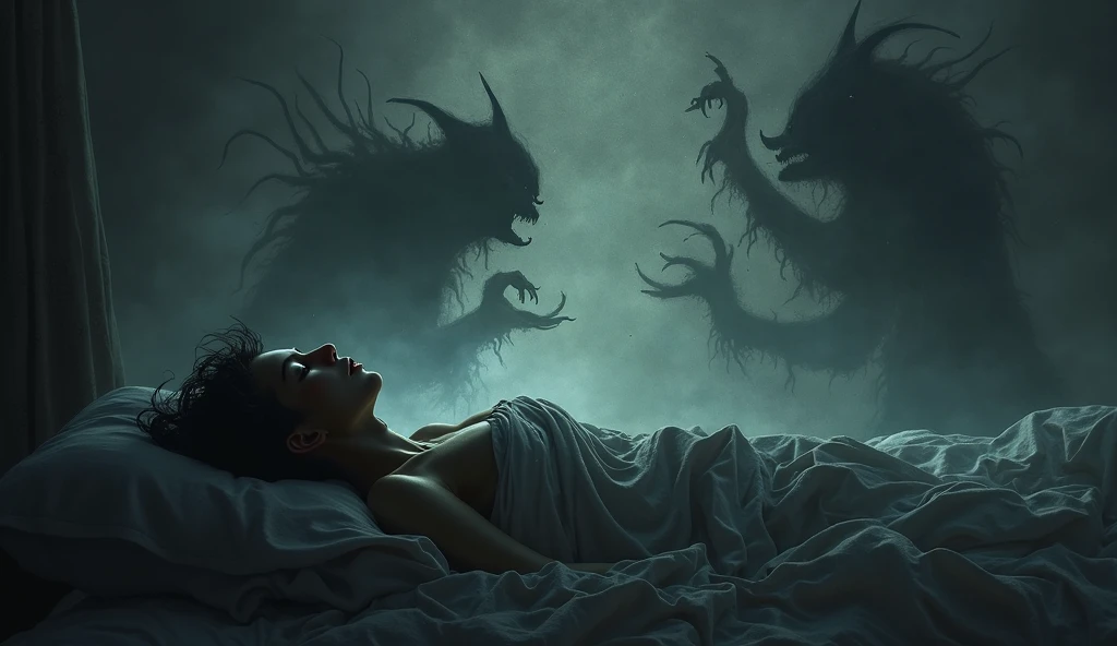 A person tossing and turning in their sleep, with shadowy, distorted figures creeping up around their bed, representing nightmares coming to life.
 Make it spooky. Make it vibrant and hyper realistic.