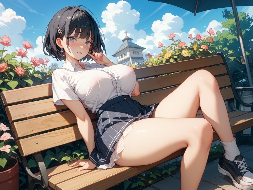 Dark skinned, Girl futa big cock, black hair, thigh high stockings, sat on park bench, leaning back, her hands wrapped around her cock, rain and lightning