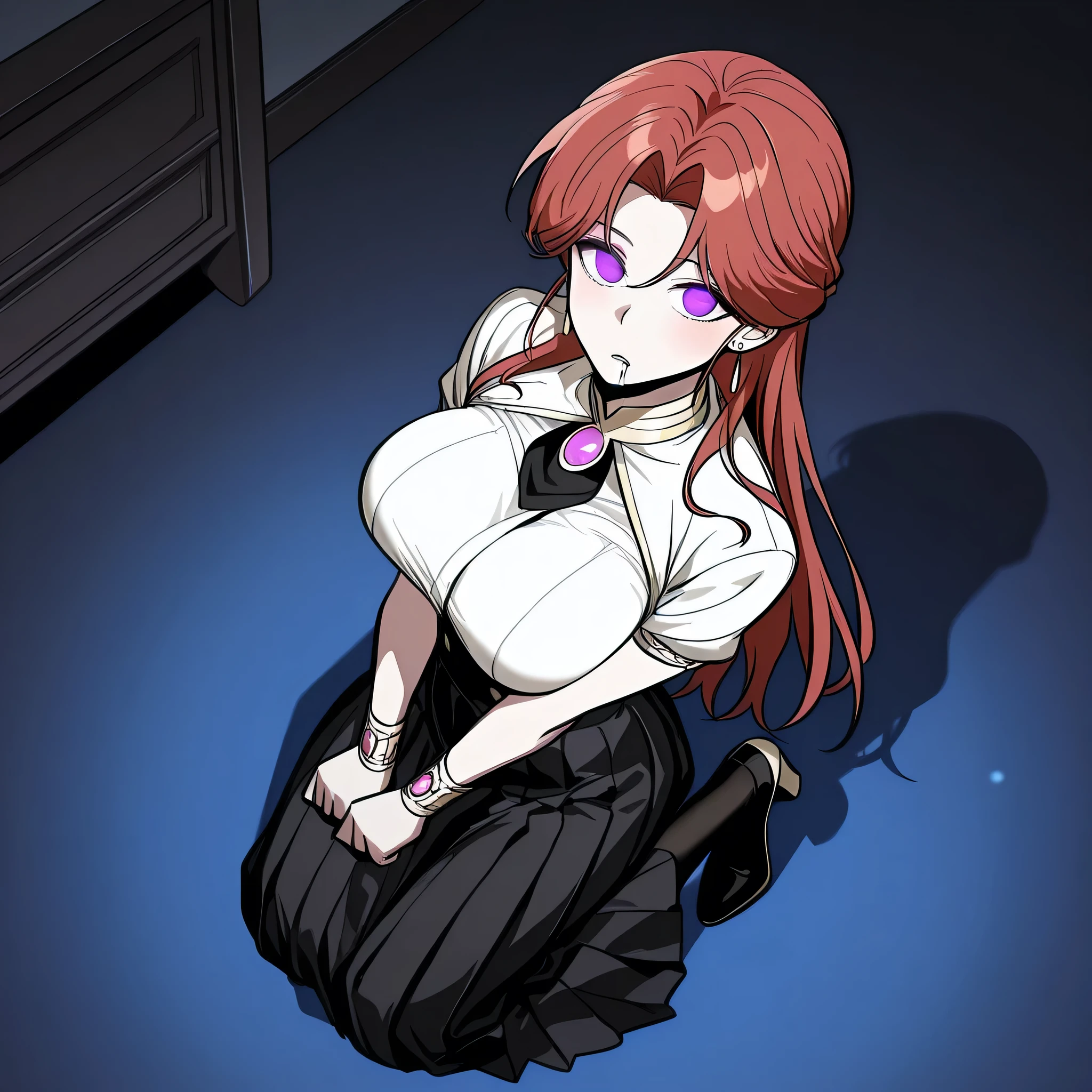 score_9, score_8_up, score_7_up, 1girl, solo, (top quality, 8k), high resolution, smooth, best quality, highly detailed, looking at viewer, bedroom at night, (dark room), ((from above)), huge breasts, at night, ((perfect hands)), beautiful hands, ((slim fingers)), expressionless, masterpiece, high quality, absurd resolution, beautiful hands, blush, hypnotic eyes, glowing purple eyes, white blouse, boob tent, taut clothing, black pleated skirt, long high waisted skirt, black pantyhose, kneeling on floor, perky breasts, high heels, being hypnotized, drooling, leaning back, full body shot, v_arms, jewelry, earrings, overskirt, long skirt, Eolka Rivel Strashur, red hair, schoolgirl cosplay