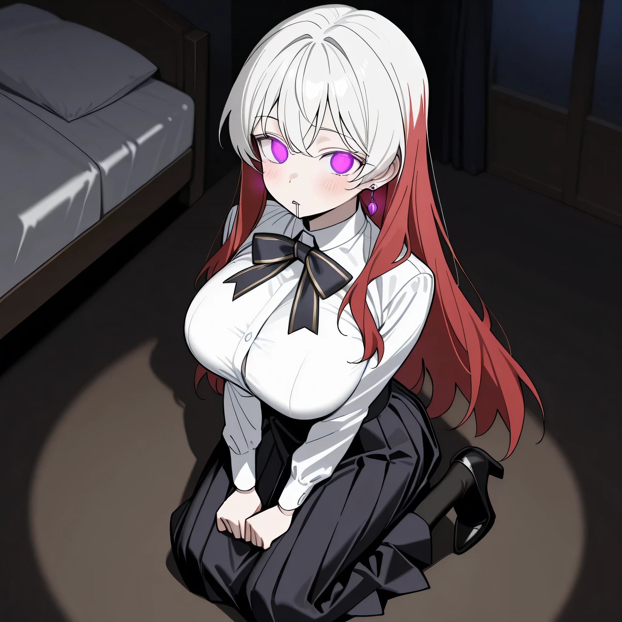 score_9, score_8_up, score_7_up, 1girl, solo, (top quality, 8k), high resolution, smooth, best quality, highly detailed, looking at viewer, bedroom at night, (dark room), ((from above)), huge breasts, at night, ((perfect hands)), beautiful hands, ((slim fingers)), expressionless, masterpiece, high quality, absurd resolution, beautiful hands, blush, hypnotic eyes, glowing purple eyes, white blouse, boob tent, taut clothing, black pleated skirt, long high waisted skirt, black pantyhose, kneeling on floor, perky breasts, high heels, being hypnotized, drooling, leaning back, full body shot, v_arms, jewelry, earrings, overskirt, long skirt, Hong Biyeon multicolor hair, red hair, white hair, schoolgirl cosplay