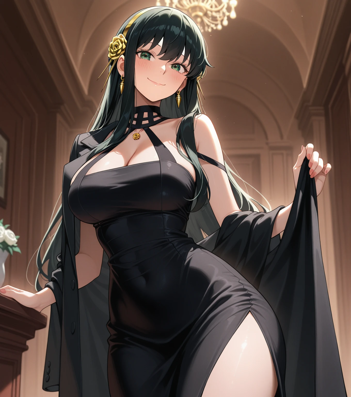 black hair, black colored dress, green eyes, slim elf ears, gigantic breasts, smiling, cleavage, bare legs, ultra-detailed(best quality,highres:1.2), ultra-detailed eyes