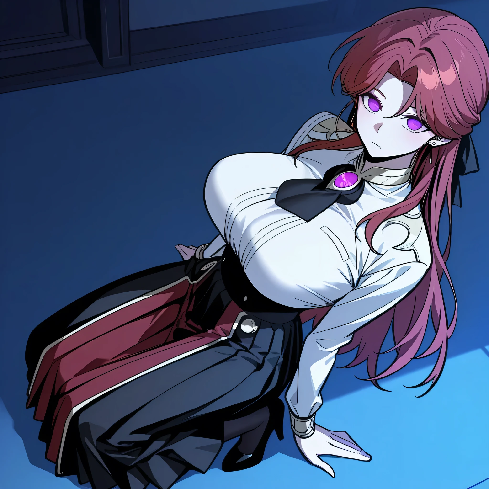 score_9, score_8_up, score_7_up, 1girl, solo, (top quality, 8k), high resolution, smooth, best quality, highly detailed, looking at viewer, bedroom at night, (dark room), ((from above)), huge breasts,  at night, ((perfect hands)), beautiful hands, ((slim fingers)), expressionless, masterpiece, high quality, absurd resolution, beautiful hands, blush, hypnotic eyes,  glowing purple eyes, white blouse, boob tent, taut clothing, black pleated skirt, long high waisted skirt, black pantyhose, kneeling on floor, perky breasts, high heels, being hypnotized, drooling, leaning back, full body shot, v_arms, jewelry, earrings, overskirt, long skirt, Eolka Rivel Strashur, red hair, schoolgirl cosplay