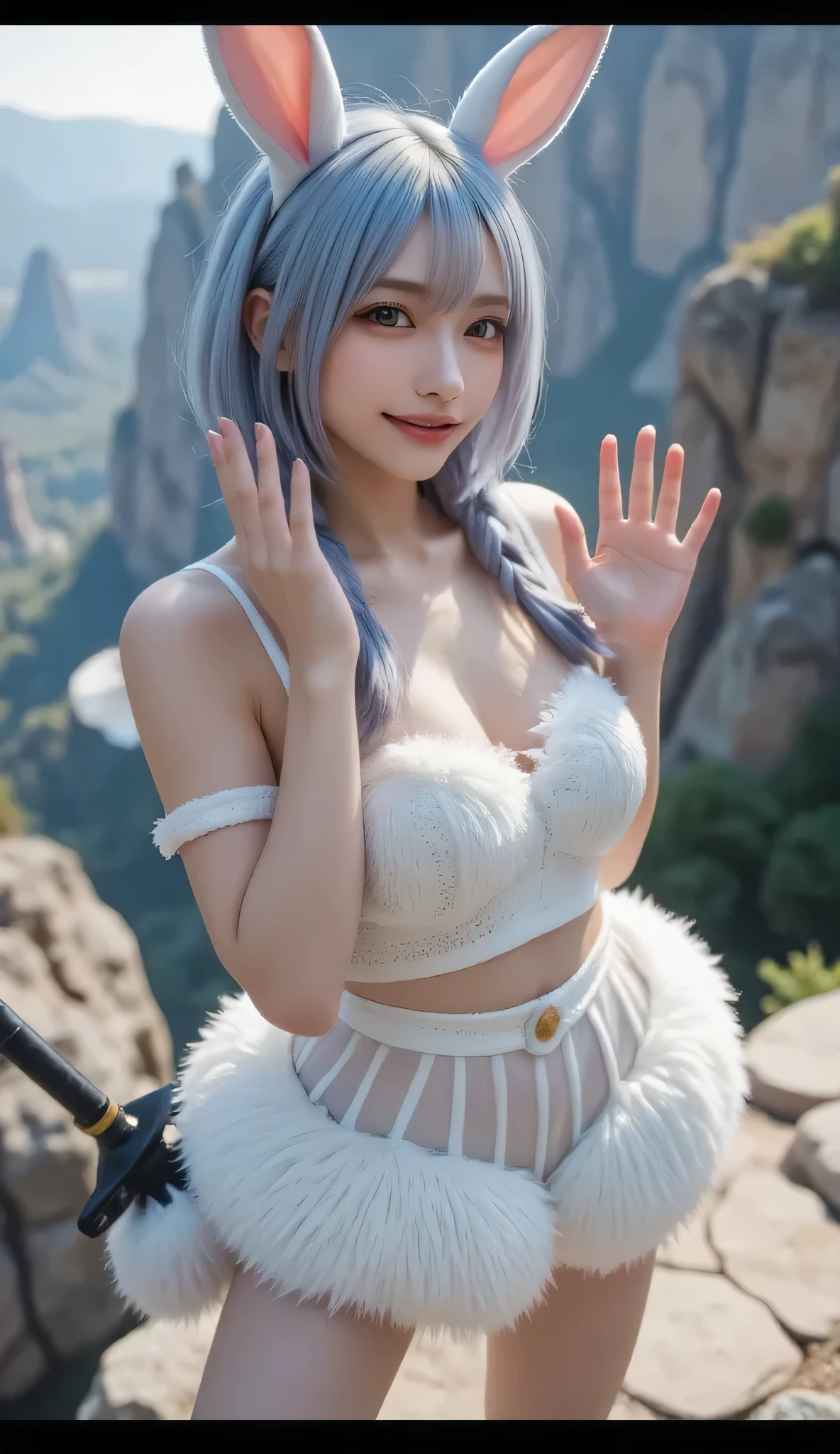 face perfect，silber hair，Purple eyes，big breasts，Full opening of the valley，realisitic，perfect bodies，Fox tail，Fox ears，