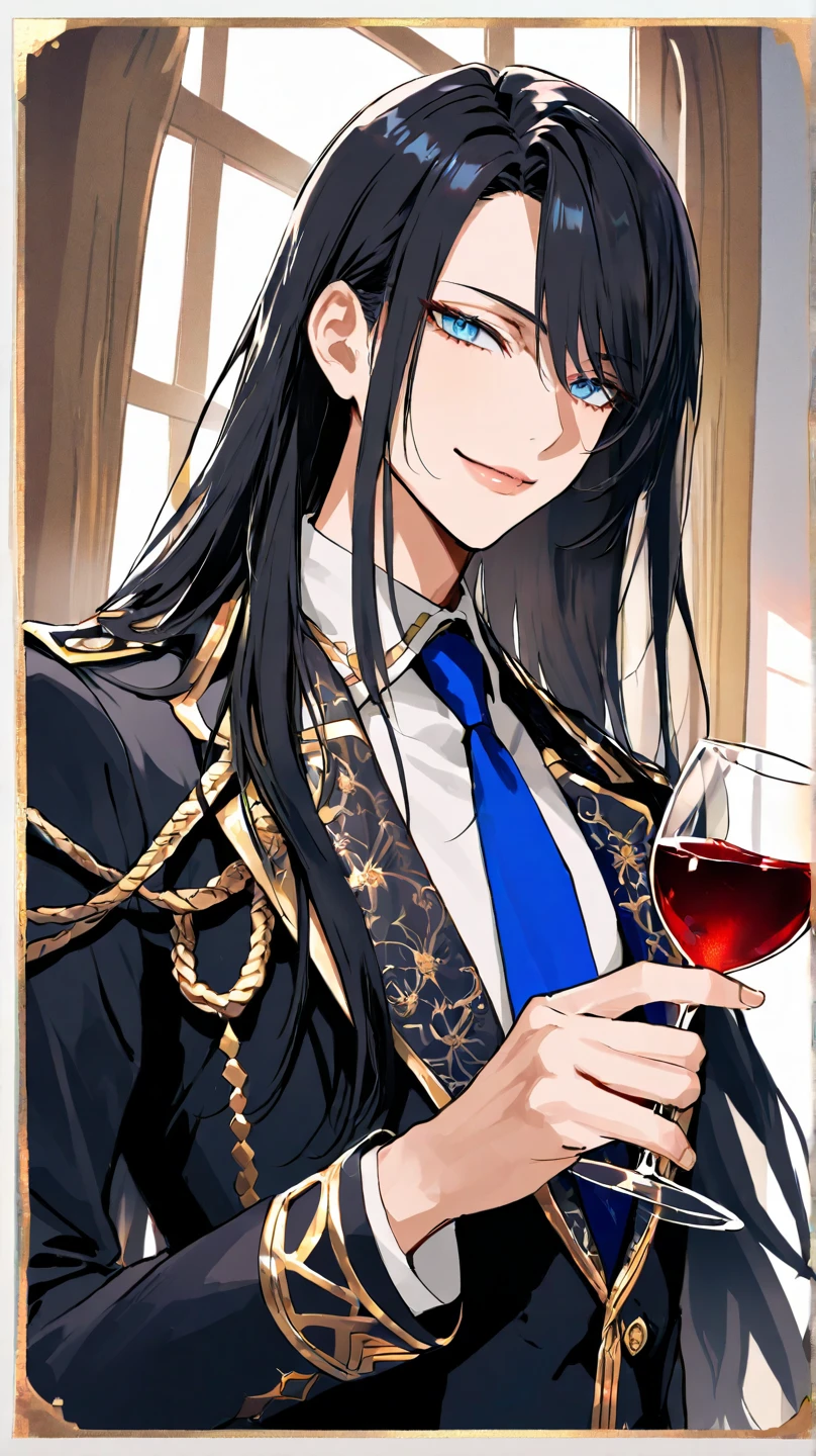 absurdres, (great composition), 1man, solo, adult, handsome, dynamic angle, dynamic lighting, well-built, olive skin, refined, handsome_male,
long black hair, large 18th-century baroque mansion, garden, nobleman, aristocratic, elegant, neat, graceful, sunset, scenery, smile