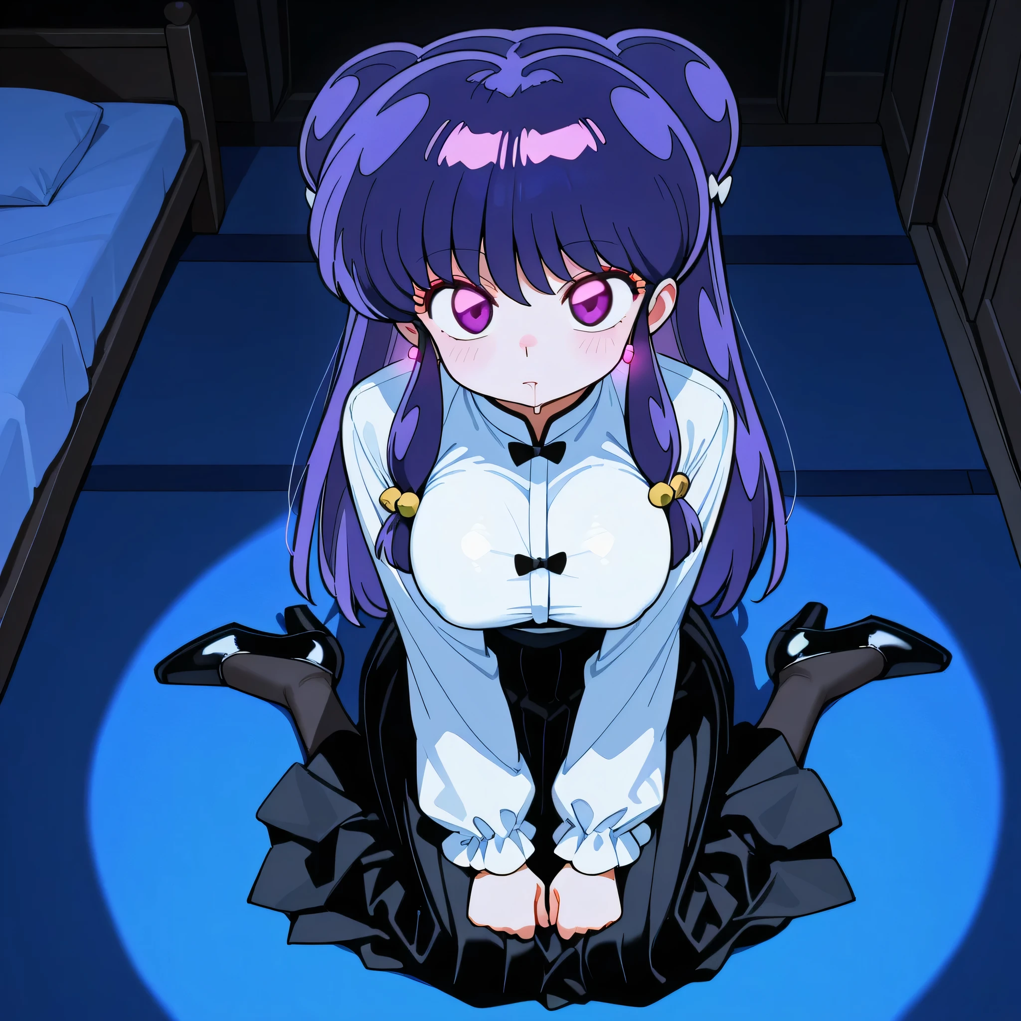 score_9, score_8_up, score_7_up, 1girl, solo, (top quality, 8k), high resolution, smooth, best quality, highly detailed, looking at viewer, bedroom at night, (dark room), ((from above)), huge breasts, at night, ((perfect hands)), beautiful hands, ((slim fingers)), expressionless, masterpiece, high quality, absurd resolution, beautiful hands, blush, hypnotic eyes, glowing purple eyes, white blouse, boob tent, taut clothing, black pleated skirt, long high waisted skirt, black pantyhose, kneeling on floor, perky breasts, high heels, being hypnotized, drooling, leaning back, full body shot, v_arms, jewelry, earrings, overskirt, long skirt, Shampoo, ranma 1/2, purple hair, schoolgirl cosplay