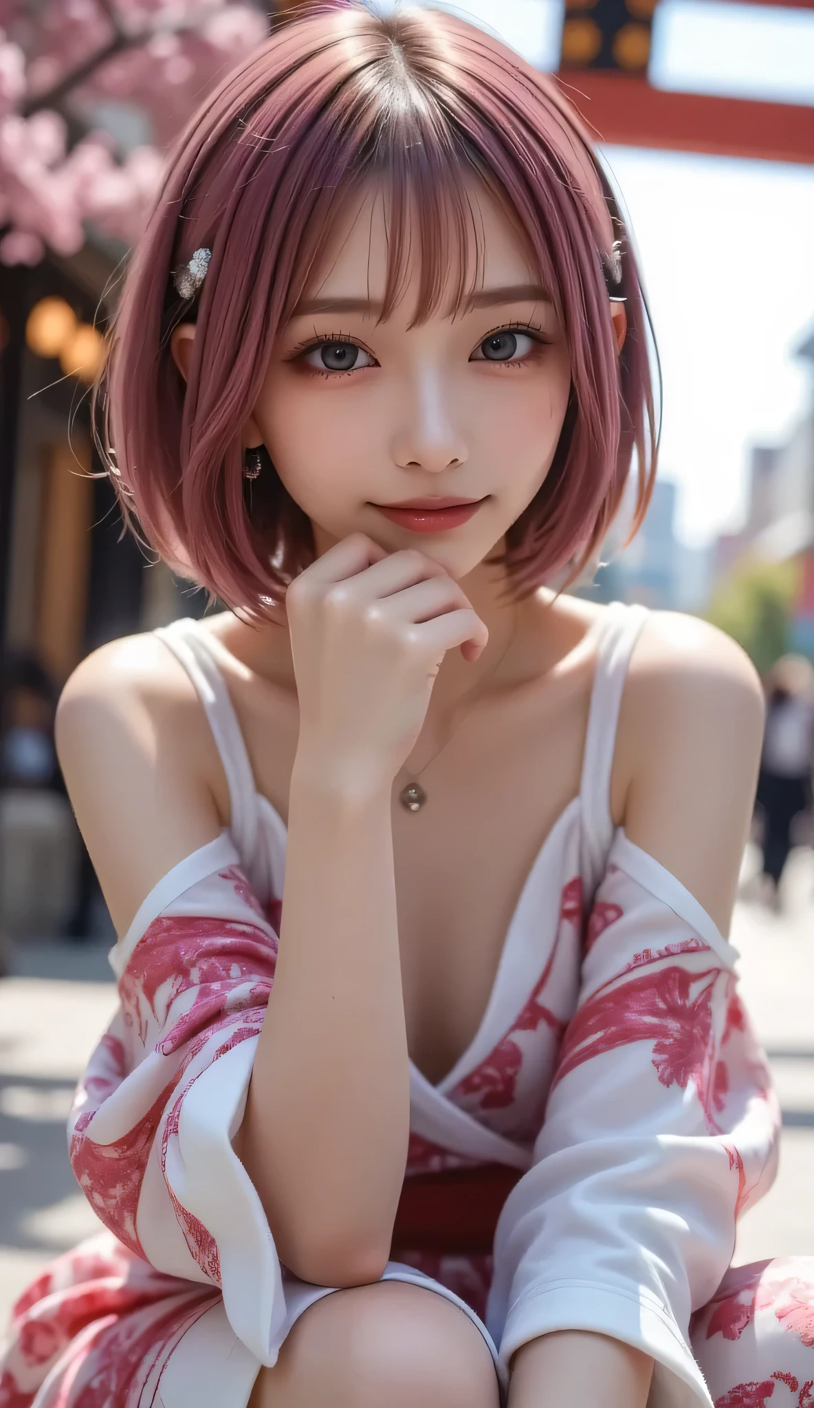 1 girl, 19 years old, south korean, 4k, masterpiece, realistic, frekles under eyes, short whavy pink hair, bob hair-cut, shining pink eyes, red lips, red eyeliners, massively large breast, off shoulder pink dress, discovered breast, tattoo in the neck, gold necklase, tilted head, happy, big smile, perfect teeth, multiple of frekles under eyes, detailed face, facing camera.