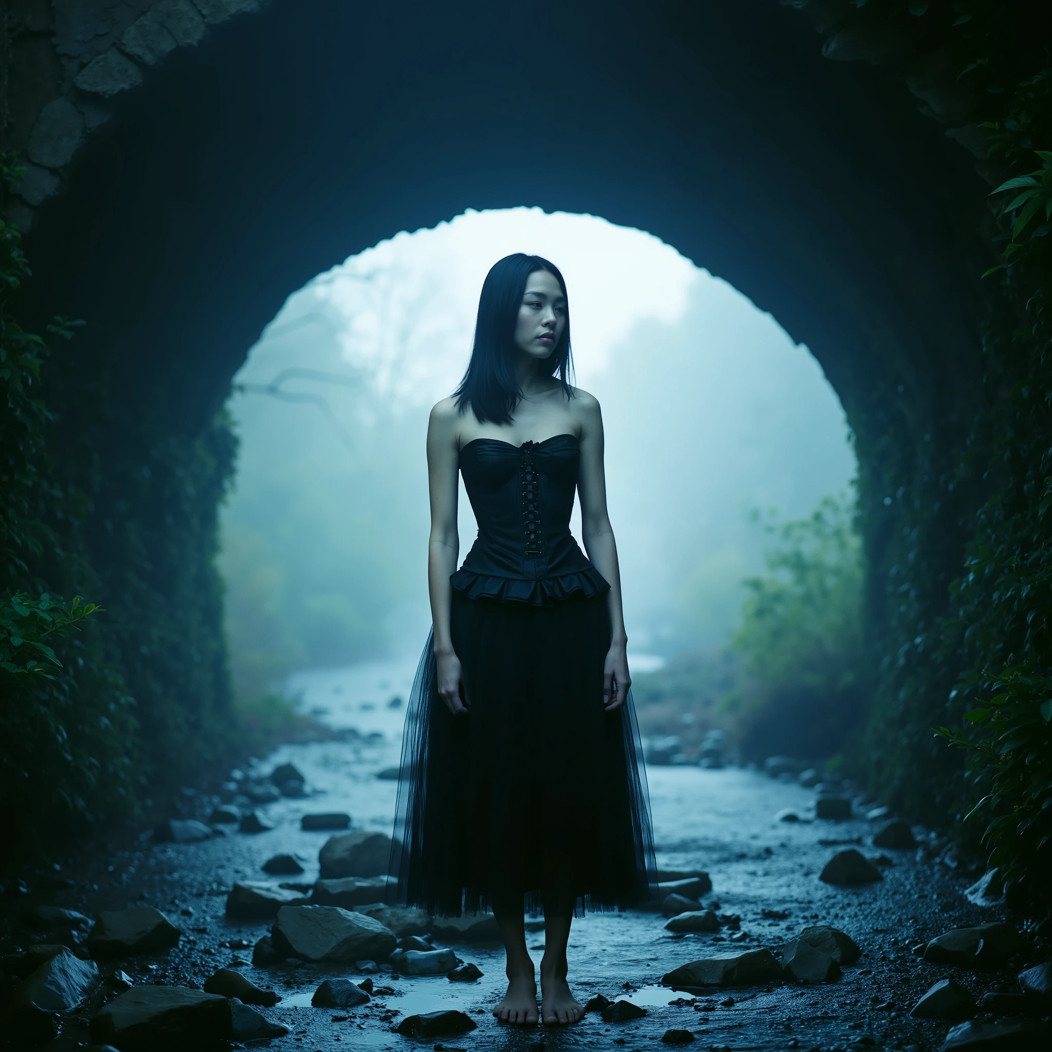 A woman stands barefoot on uneven river stones beneath a worn stone bridge, surrounded by a forest blanketed in cold blue mist. She wears a tightly laced black satin corset with visible stitching and velvet-textured ruffles, paired with a translucent, wine-toned tulle skirt that clings softly to the damp air. Her long, dark hair falls naturally over her shoulders, unstyled, slightly tousled by the humidity. Her expression is firm, reflective — as if caught mid-thought — grounded in the moment. The atmosphere is steeped in Noir Blue Fog: washed-out cyan tones, silvery shadows, and fog-softened edges obscure the background. Light filters dimly through the stone archway, illuminating patches of wet stone and bare skin with desaturated blue-gray highlights. There is no artificial lighting — only what the overcast sky allows. The surrounding forest melts into soft focus, reduced to silhouettes and fog texture. Captured with a lomographic aesthetic, the photo bears all the hallmarks of analog imperfection: heavy vignette, subtle blur at the edges, visible film grain, and unpredictable contrast shifts. The color palette leans into cool film stock — dusty blues, muted purples, faint green undertones bleeding into shadows. Slight lens flare or ghosting may appear near the top edge. Shot on a 50mm prime lens with shallow depth of field, the framing is slightly off-center, intentionally informal. There's a candid, unpolished honesty to the composition — a photo that feels found, not staged. The mood is contemplative, distant, atmospheric. A quiet po