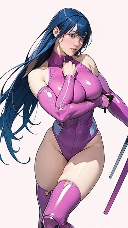 Psylocke with big breasts and beautiful legs stands with a smile。blush。
