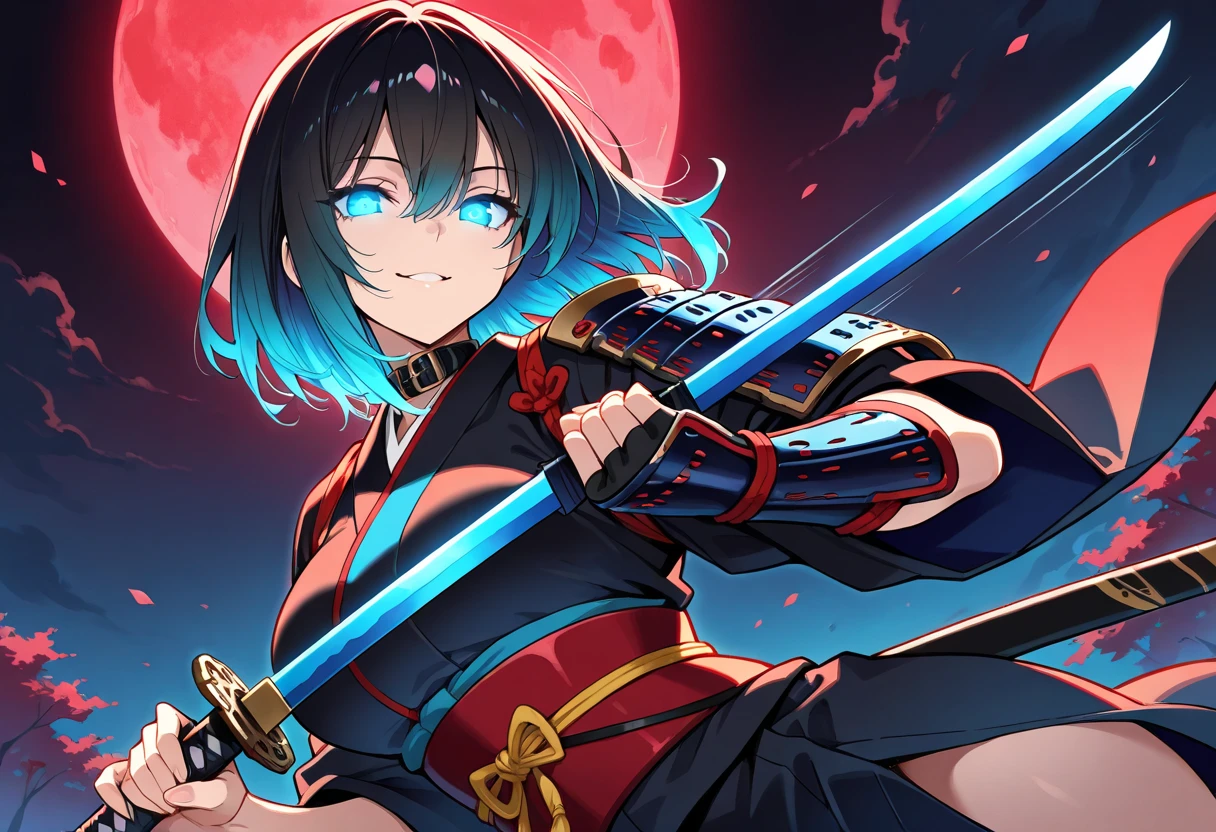 1girl, solo, demon Slayer kimono , bangs,happy,posing, multicolored hair, (masterpiece:1.2), highres, best quality, 8k, forest snowing background, holding katana, crow, water pattern kimono