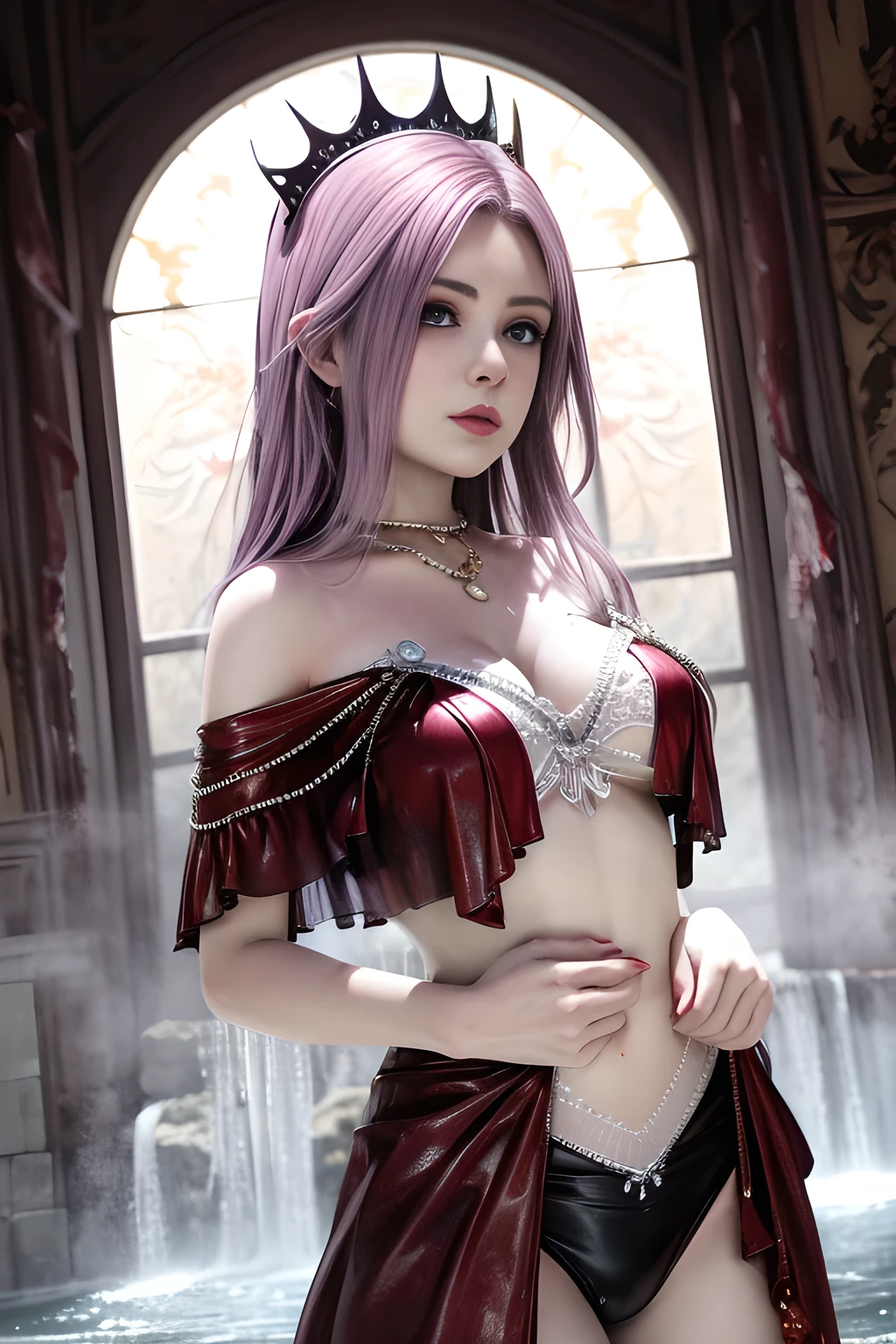 1 girl,lean over ,(Wearing underwear:1.2) ,(Wearing Jewel:1.2) ,( red lace_cloak:1.3),(Fluffs ),(pearl bodychain:1.3),mesh pantyhose,outdoor,elegant,nighttime,moonlighe,shiny skin,( huge breasts), lip gloss,tattoos, masterpiece, best quality, realistic ,Surrealism,natural colors art in 8k,soft shadows,High-definition RAW color photos professional portrait photos,solo, elise,