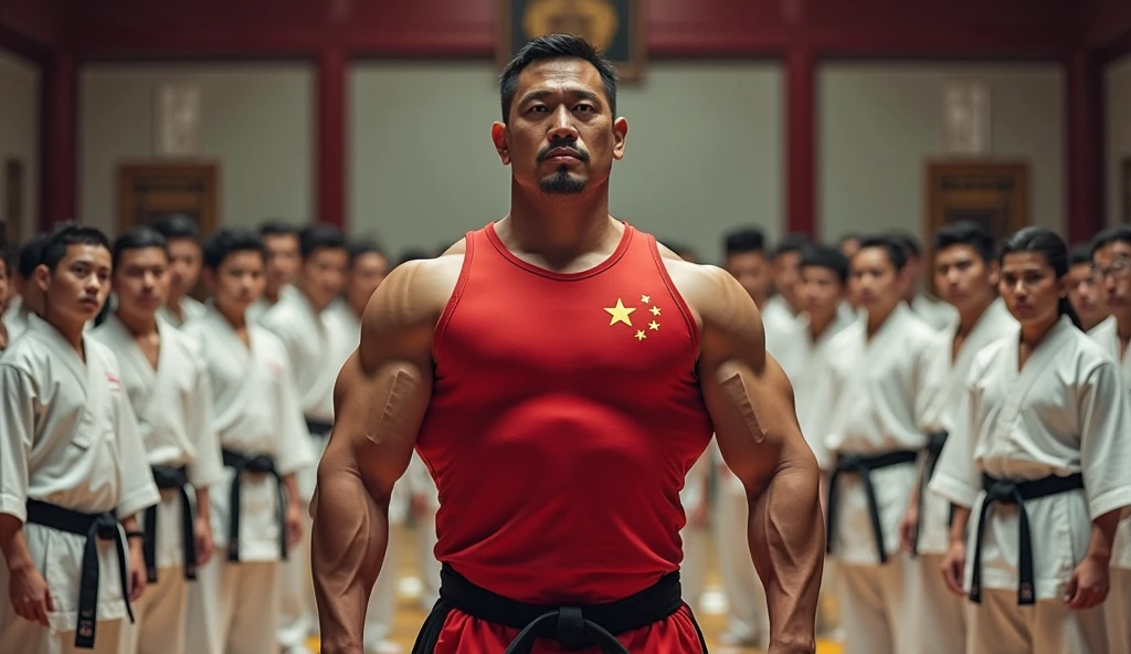 1 Chinese man 2 He is holding an 8 meter long flag and it is the flag of China 3 he has a black background 4 he has six pack abs 5 he has tattoos of Chinese dragons 6 The man has a 20 centimeter long muscle between his legs in the shape of a mushroom at the tip