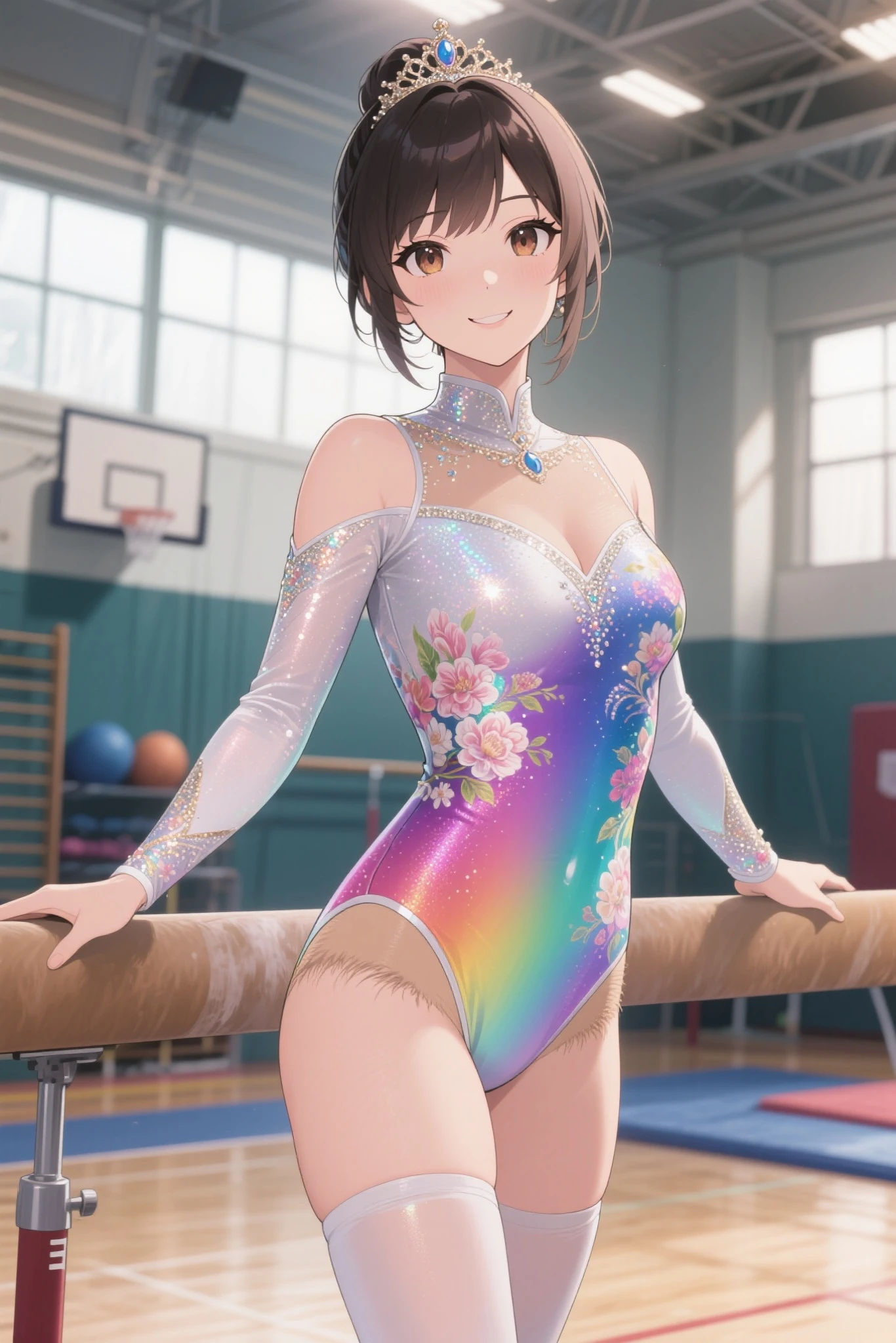 highquality illustration, masterpiece, very delicate and beautiful, attractive girl,(gymnastics leotard, Floral patterns leotard,long sleeve leotard with glittery decoration,high_leg leotard,athletic leotard,tight-fit leotard,iridescent gradient leotard),thin,slender body,slim,high school,gymnasium background,gymnastics club,gymnastics athlete,princess, beautiful eyes,light smile,(masterpiece, best quality:1.2), highres, extremely detailed CG unity 8k wallpaper, perfect lighting, Colourful, ultra-high res,4K,ultra-detailed, photography, 8K, HDR, 17 ages,