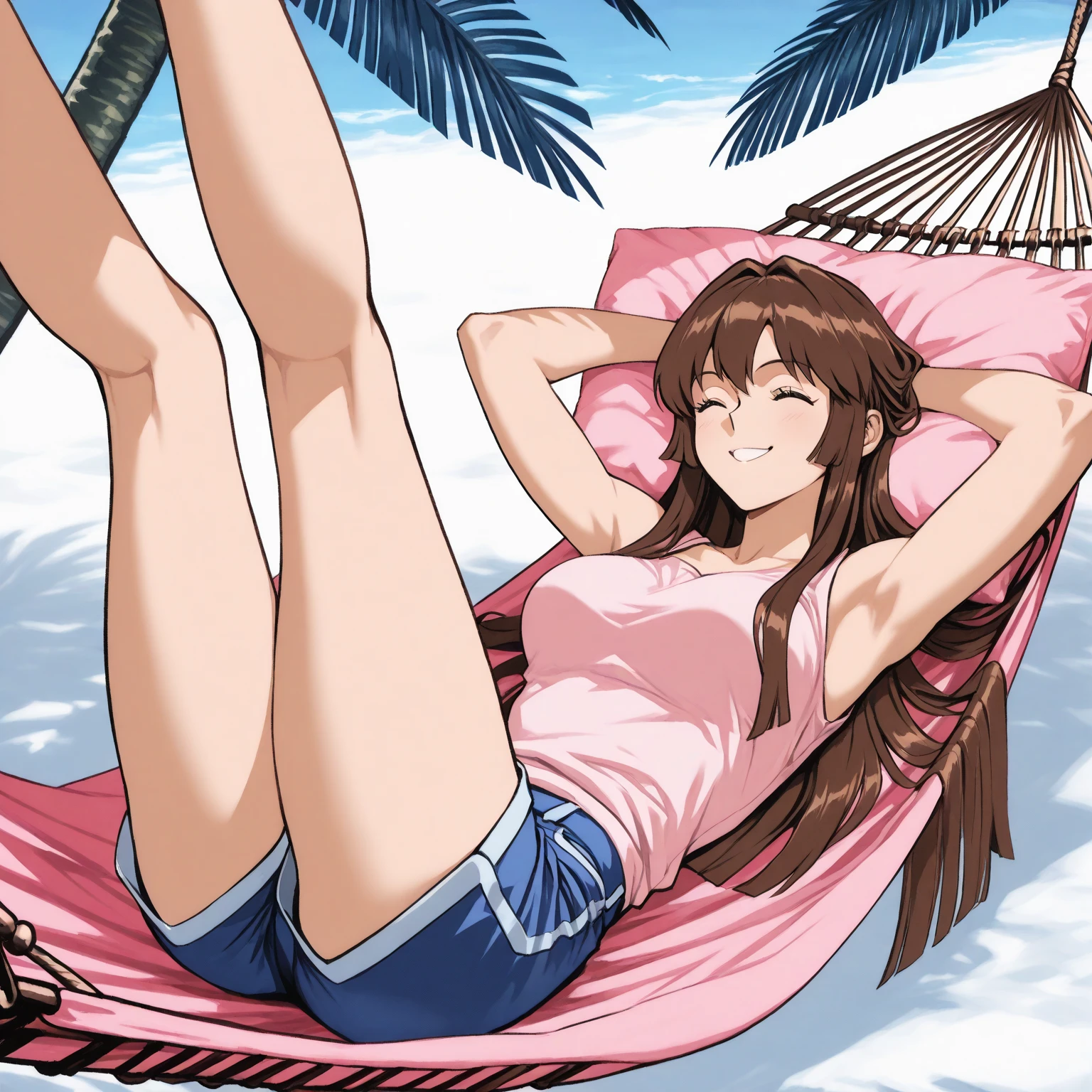 ((masterpiece)),((best quality)),ultra-detailed,illustration,1girl, solo, brown hair, long hair, flower, pants, midriff, crop top, ???????, looking at viewer, cleavage, brown eyes, beach, navel, ??????????????, ?????? top, head tilt, knee up, closed mouth, ???? shoulders, grey eyes, cloud, bangs, ,Beautiful body, Beautiful Nose, Beautiful character design, perfect eyes, perfect face, alluring, wallpaper, perfect lighting, Colorful, ultra highres,4K,photography, (??????????????:1.2),(beautiful face:1.2),(narrow waist), shiny skin, anime screencap ,from below, mature female, full body, meitantei conan, on knees, ((milf)), 37 years old, stretching