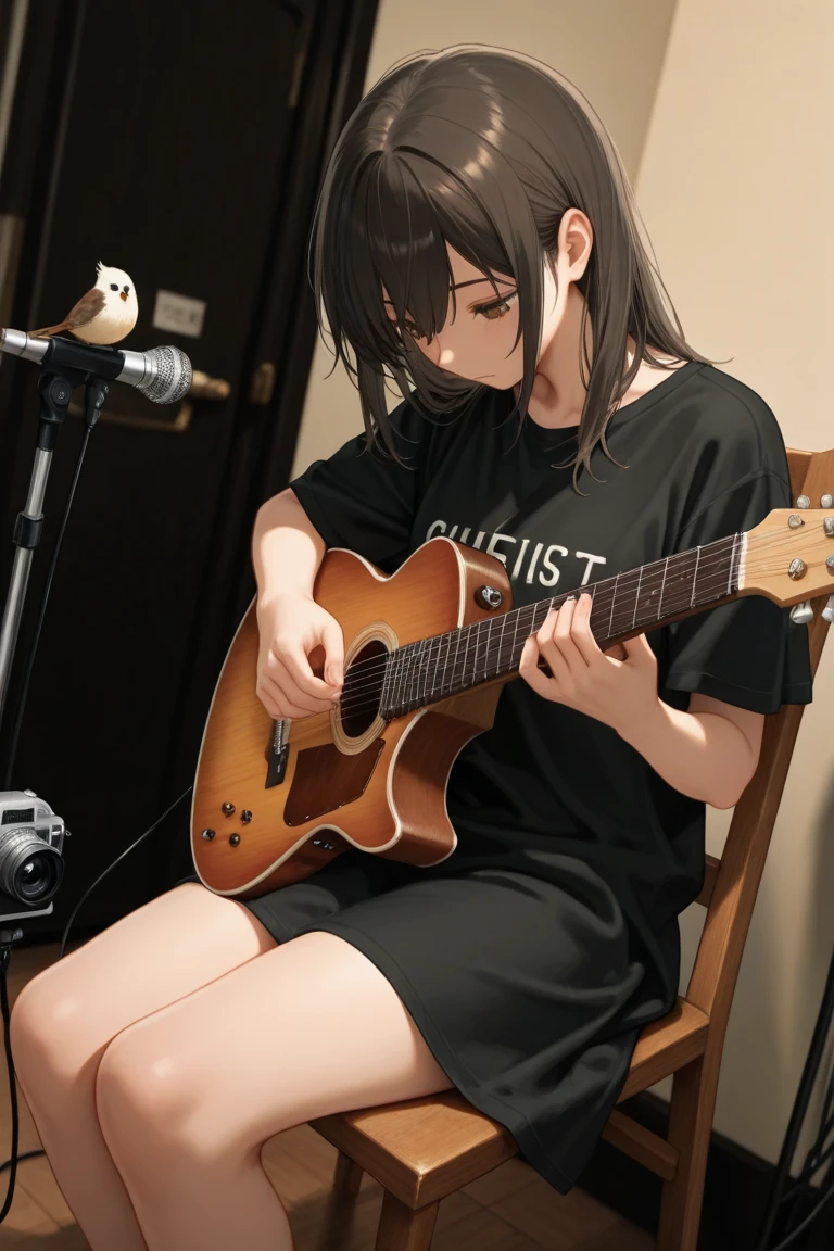 1 girl, (in a T-shirt),((camera angle close)), sitting on the floor, in the room , plays guitar, sadness on the face, tears on eyes,photo in 4k
