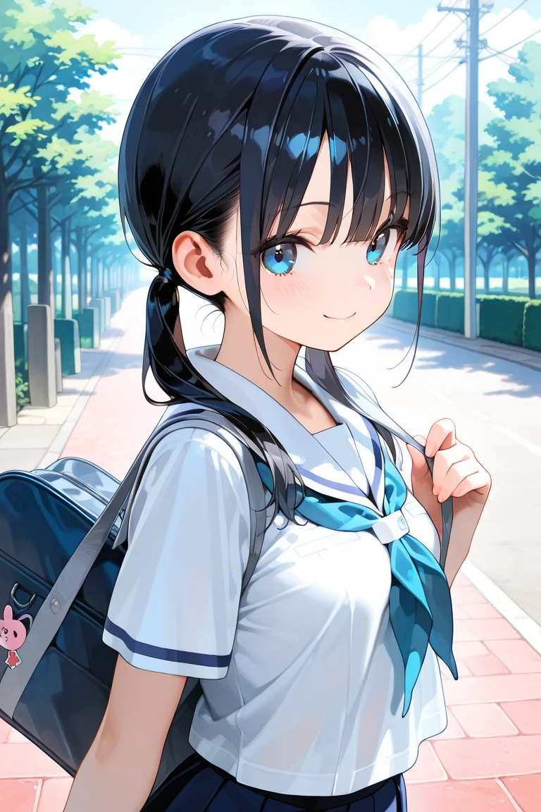 "(perfect masterpiece:1.2), (highest quality:1.2), stunning face,  compensate, long and luxurious eyelashes, lip whole, irresistible charisma.",(()),(((twin tails)))，raised his arms,NSFW,(((Chubby)))，((((school uniform)))，hair clip，wallpaper，(((black hair)))，very long bangs，hair between eyes，((Are fat))，((blue skirt))，have a school bag，black long socks，smile，((((tanned skin))))，blue eyes，((panties))