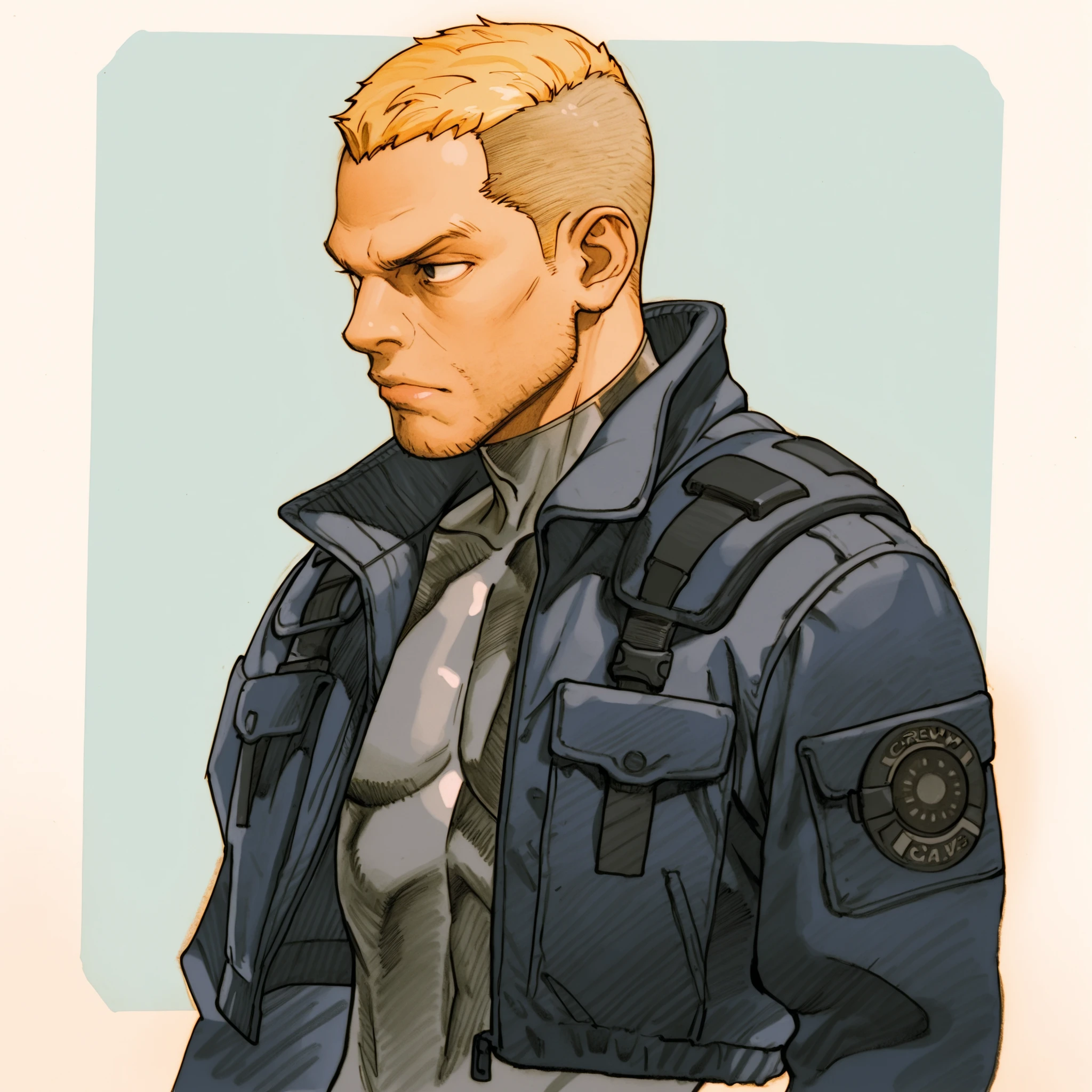  Bengmvc, traditional media, masterpiece,best quality, 1boy, skinny, crew cut, blonde hair,  mature male, lips, grey and black body suit, dark blue short jacket, long sleeves, tactical jacket,jacket over body suit, portrait, standing, upper body, three quarter view, three-quarter view, 