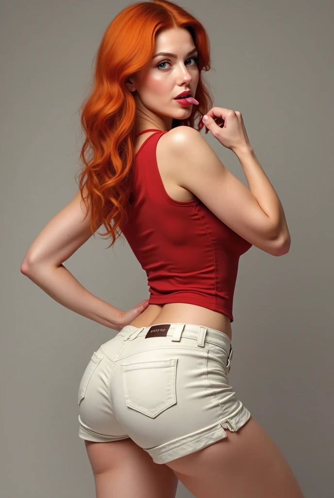 Red haired Curvy Latina with green eyes in blue shirt and white cotton high cut panties, lifting shirt, photo realistic, intricate details