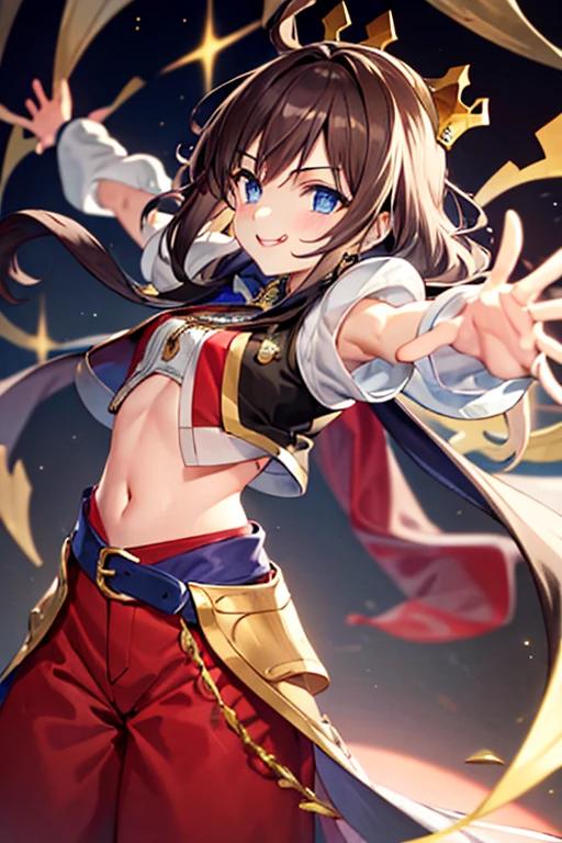 woman。smile、Dark brown ponytail、Amazoness、Uplifting、Slightly open legs、Colorful clothing