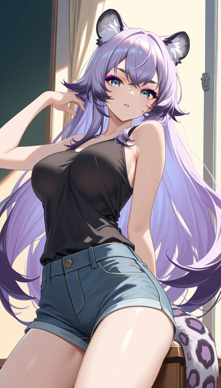masterpiece, ultra-detailed hair, better lights, better shadows,1girl, yukino, breasts, skirt, silver hair, solo, long hair, large breasts, blue eyes, braid, ass, looking at viewer, braided ponytail, hair ornament, sleeveless, hair flower, black skirt, shirt, indoors, flower, looking back, bangs, bare shoulders, pencil skirt, from behind, window, thighs, mole under eye, sleeveless shirt, pink shirt, blush, bare arms, office lady, very long hair, plant, contemporary, parted lips, miniskirt, single braid, closed mouth, purple flower, pantyhose, ribbed shirt,