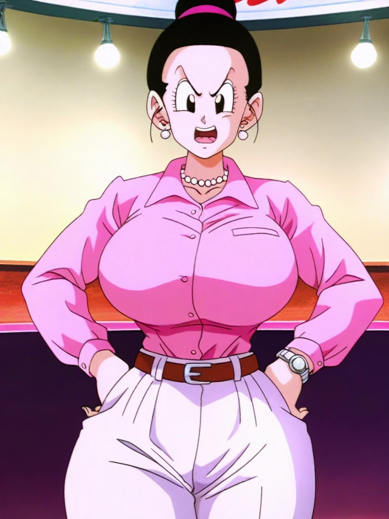 source_anime, masterpiece, Best Quality, great quality, anime screencap, high quality, 8k, Absard Dress, OFFICIAL STYLE, 1 girl, solo, Watch Viewers, standing, place your hands on your hips, open your mouth and laugh, ch1ch1, dark eyes, black hair, super huge huge breasts thick thighs super huge butt party costume, Alternate Traffic Regulations, hair bun, single hair bun, shirt, pink shirt, collared shirt, shirt tucked in, long sleeve, gem, earrings, belt, pants, necklace, pearl necklace,super huge huge breasts thick thighs super huge butt jeans whip