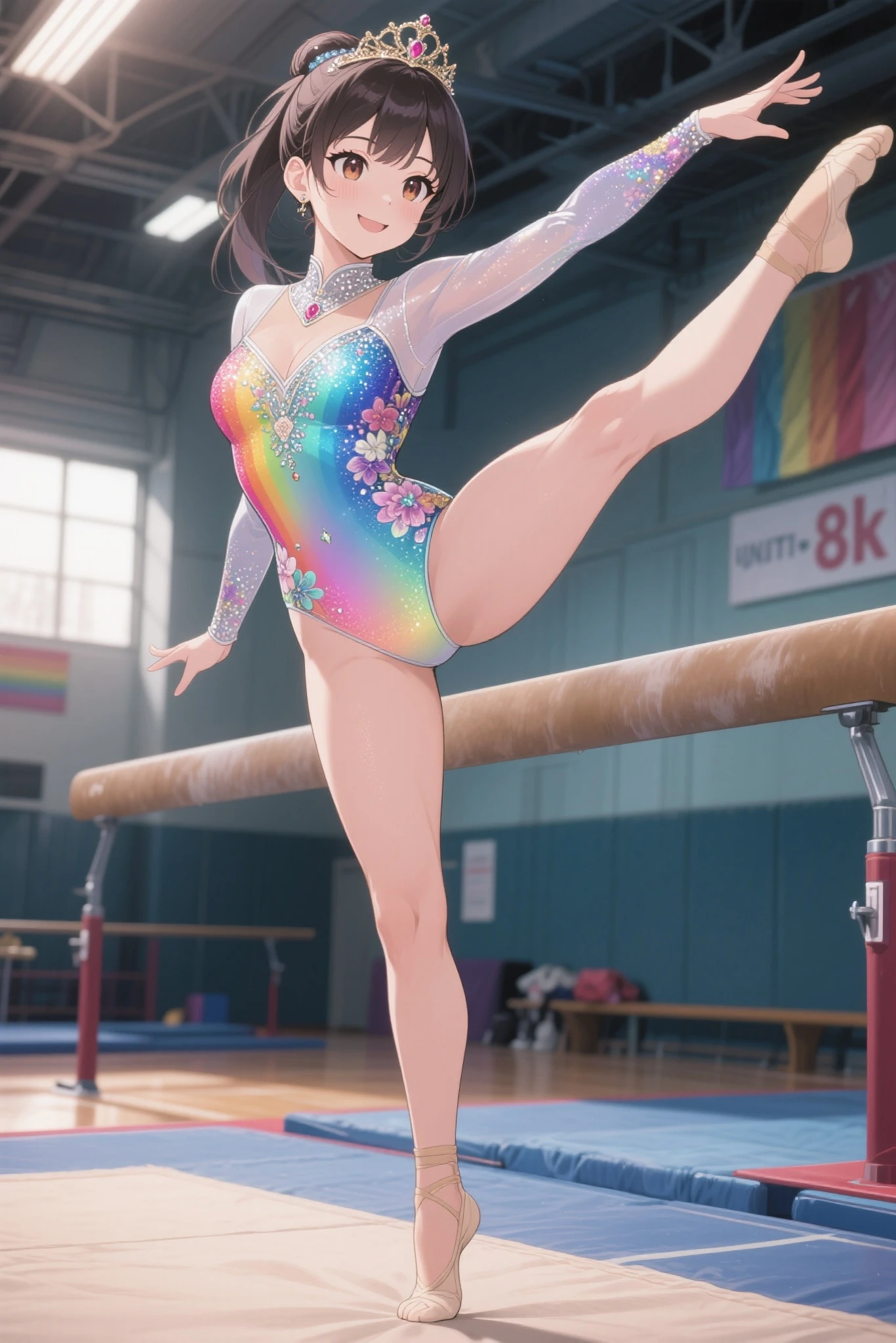 expensivequality illustration, masterpiece, Very delicate and beautiful, Attractive girl,(Gymnastics leotard,Tight leotard,length_Leotard with sleeves,expensive_Leg leotard,athletic leotard),Purple ears,Short here, Audience reaction,thin,Slender body,slim,expensive school,Gym,Gymnastics Club,2 girls,