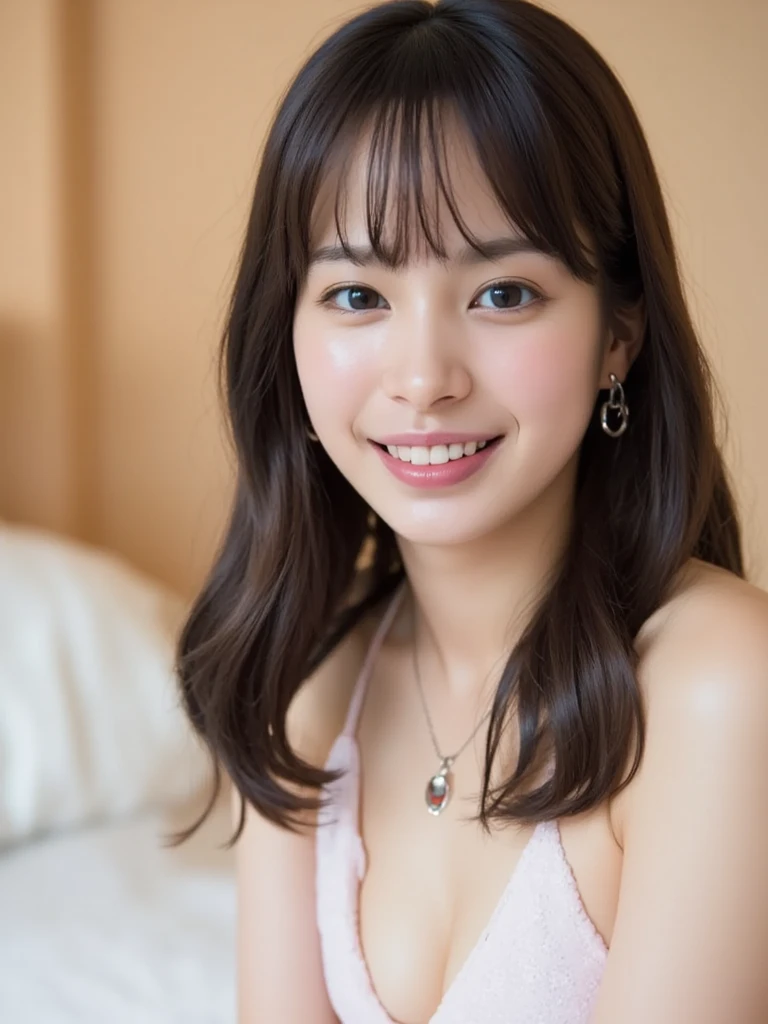 high resolution、A transparent Japanese woman、looking at the camera、body is angled、smile、Moist and shiny hair、Thready hair、cute、Brown Hair、Beautiful young woman who looks like a model、Leaning against a wall、Big eyes、Outline of an inverted triangle、face is slanted45Every time、Straight Hair、The tips are heavy、Hide your chest、Attractive features、Big eyes、Beautiful woman、hoop gold earrings、Beautiful like a celebrity、A trendy blunt hairstyle with little volume、No bangs standing up、Smooth surface hair、Simple chain necklace、A fashionable atmosphere、A mature bob with less volume on top、The hair around the face falls smoothly onto the face.、Natural Makeup、サラサラの艶ありStraight Hair、Cohesive hair、Straightener、Clear face、Hair is not wavy、White vest、No bangs