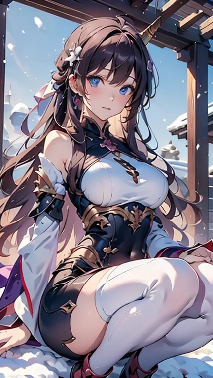 masterpiece, best quality, perfectanatomy,ultra detailed, stacia, 1girl, solo, large breasts, , good hands, (good legs), (good knees), (night sky, stars), long hair, breasts, looking at viewer, happy, bangs, brown hair, thighhighs, gloves, dress, cleavage, bare shoulders, brown eyes, very long hair, (sitting on a bench), crossing legs, white gloves, white dress, armor, white thighhighs, garter straps, white armor,