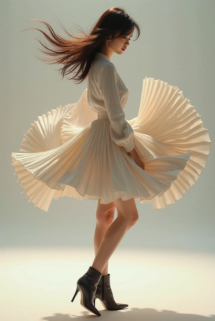 skirt, ribbon, <lora:Deva:0.87> full body,beautiful woman, (walking away), looking over shoulder,