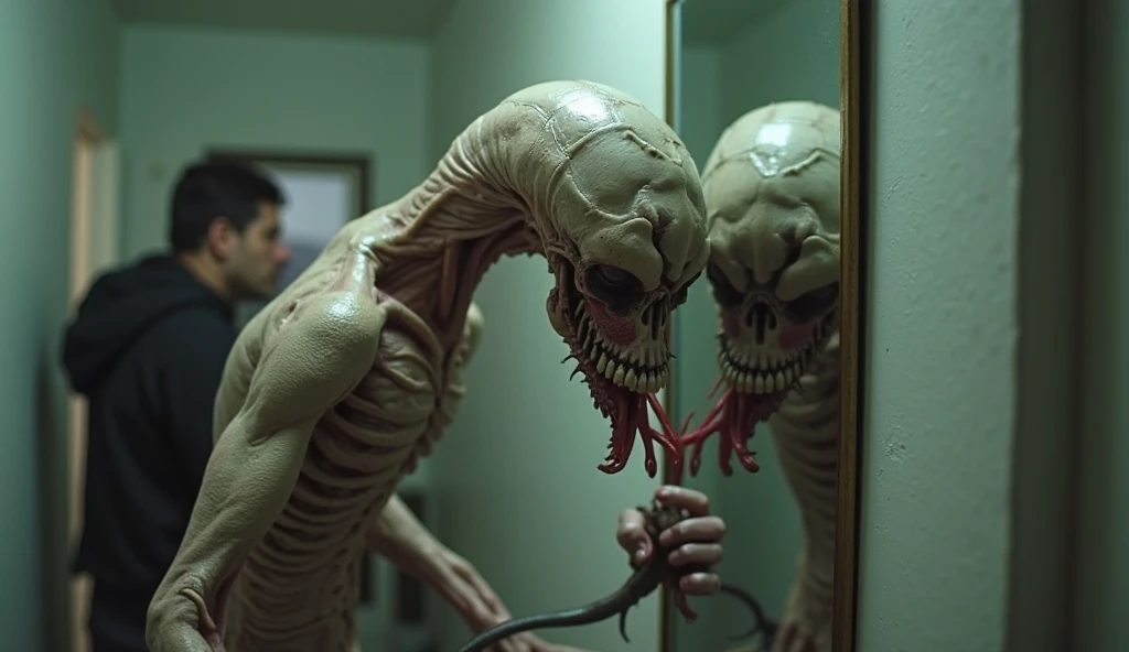 Spaceship internally, bathroom with several killer aliens, the place is taken over by several aliens, poor lighting