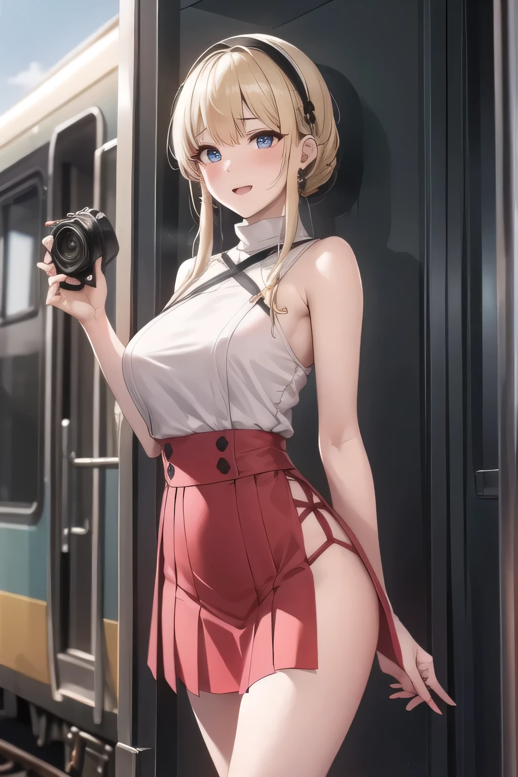 (Can you draw a yellow hair band,),I need a face,red dress, Blue Micro Mini Skirt,,nice smiles,Can you draw a woman looking at a train,Picture a woman waiting in front of the car in front of you,東京の地下鉄ホームでwaiting for the train女性は描けますか, ,congestion,waiting for the train,fun,Underground railway stations ,The sign hanging on the wall,{{X}},Please explain her look more delicately,walking alone, city tour ,,(((are wearing casual clothes inspired by tourists))), I have a SLR camera ,(Let's draw a more delicate look),(sleeveless wool sweater),( Pleated Legs,white panties),(That work is enough for one person {X} can you draw the perfect balance to suppress destruction)、 That's enough,frown。unless the job requires it。 {X}、 , An attractive 40-year-old woman takes off her uniform、jump off, big black wavy hair, , Big Breasts, thin waist , , ,Faces are very important,