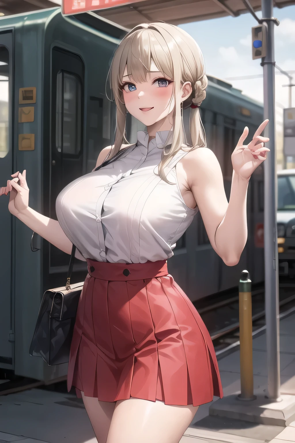 (Can you draw a yellow hair band,),I need a face,red dress, Blue Micro Mini Skirt,,nice smiles,Can you draw a woman looking at a train,Picture a woman waiting in front of the car in front of you,東京の地下鉄ホームでwaiting for the train女性は描けますか, ,congestion,waiting for the train,fun,Underground railway stations ,The sign hanging on the wall,{{X}},Please explain her look more delicately,walking alone, city tour ,,(((are wearing casual clothes inspired by tourists))), I have a SLR camera ,(Let's draw a more delicate look),(sleeveless wool sweater),( Pleated Legs,white panties),(That work is enough for one person {X} can you draw the perfect balance to suppress destruction)、 That's enough,frown。unless the job requires it。 {X}、 , An attractive 40-year-old woman takes off her uniform、jump off, big black wavy hair, , Big Breasts, thin waist , , ,Faces are very important,