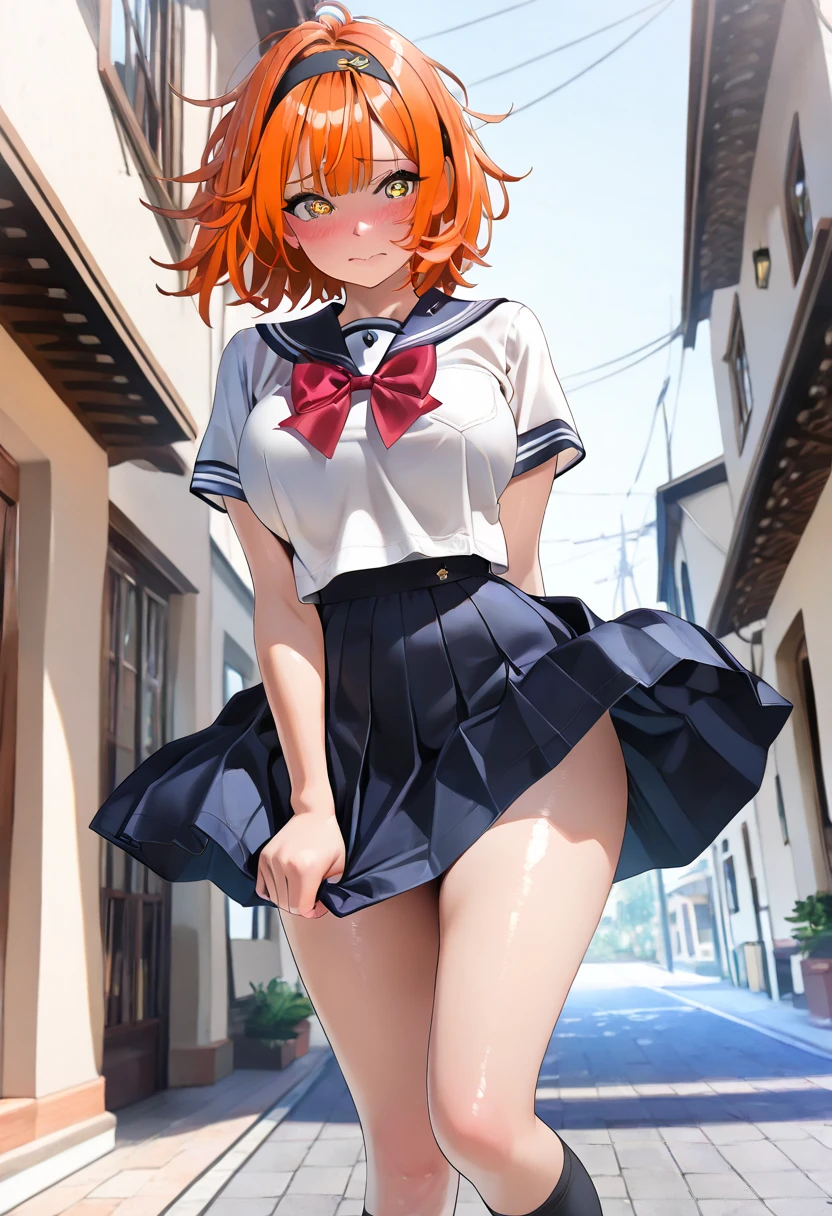 (best quality,4k,8k,highres,masterpiece:1.2), ultra-detailed, takami chika, sailor top, school skirt, midriff, energetic pose, slightly excited and smile, sleeveless, thighs, cowboy shot