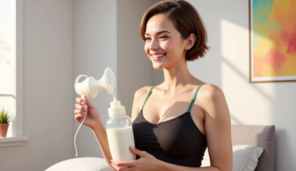 A woman holds a breast milk extracting machine that fits in her hand. She is wearing clothes.
