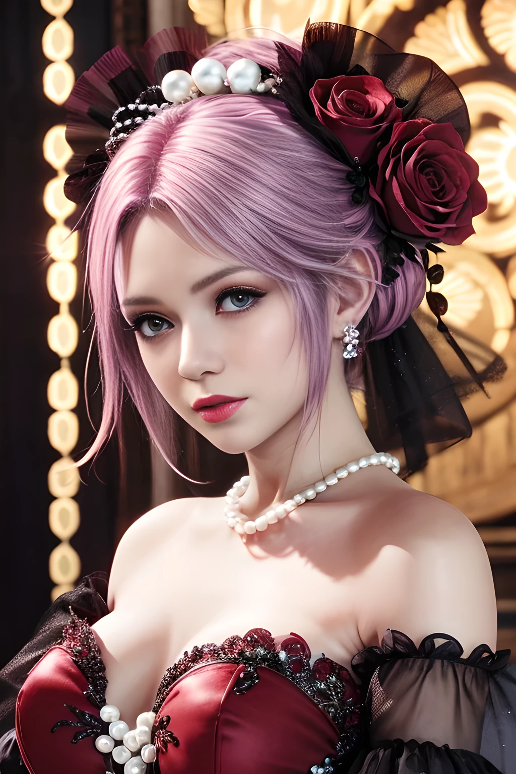 highly detailed, seductive erotic female is sweating,  covered in rose pedals, (busty, pink/blue hair), centered on the face, face focused, intricate eyes, liz.ashley