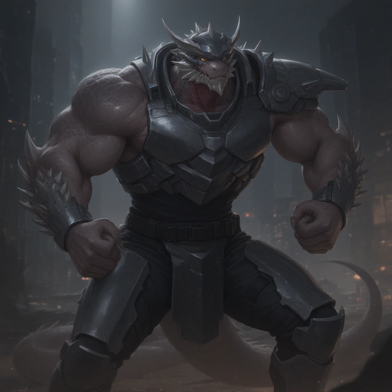 solo, anthro, furry male, T-Rex, ((Detailed muscles)), (T-Rex print), black scales, white belly, spiny scales, standing up, bodyguard outfit, black claws, red eyes, slit eyes, slim fit, muscular slim, cracking knuckles, busy street, crazed look, menacing, raging, angry, handsome, detailed eyes, pecs, tail, hind leg, (Masterpiece, by null-ghost, hi-res, 8k), tight black shirt, black camo pants, oil stain, black military outfit, front point of view,
