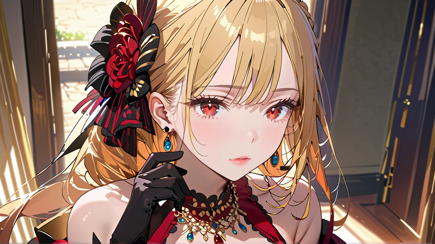 (Extremely detailed CG unit 8k wallpaper, masterpiece, best quality, super detailed), (best lighting, best shadow), 45 year old Spanish woman, Mature, square face, Put 1 red rose on the neck of the necklace, Wearing a black lace dress with red, gold earrings, Maria Padilla-like features, (highly refined skin: 1.2), Medium Brown Loose Hair with Lights