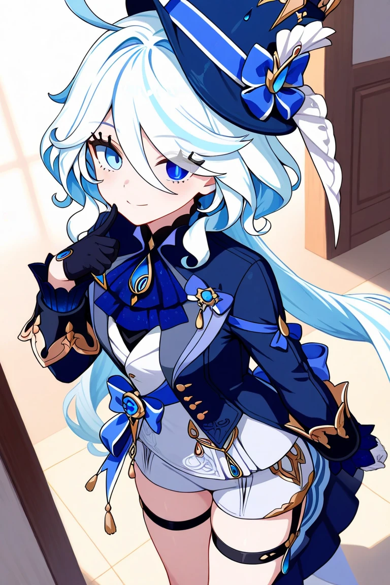 Personaje furina de genshin impact, de cabeza hasta los zapatos y con su ropa detallada
