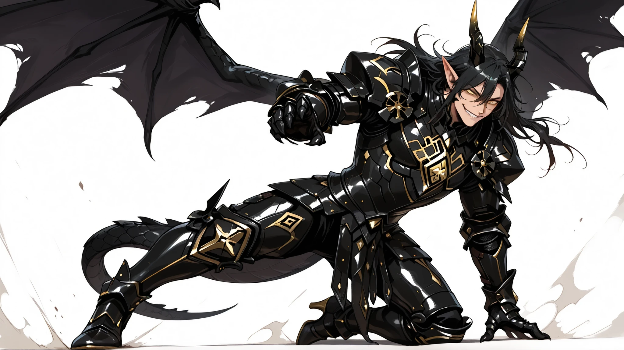 score_9, score_8_up, score_7_up, absurdres, 128K Ultra High Resolution, (masterpiece, best quality: 1. 5), high definition, highres, 8K wallpaper, CG, (((Anime))), (1 male), solo, lean body, (masculine), (floating in the air), weredragon, japanese anime style, glossy black, shiny black leather, ((beautiful golden eyes, finely detailed eyes, bright eyes, vertical iris)), hair between eyes, black hair, long hair, sideburns, wild hair, unkempt hair, (sly grin, smirk, evil smile), teeth, confident, ((ultra detailed face)), shiny skin, long pointy ears, twisted torso, long-legged, sculpted face, wasp waist, dragon horn, dragon tail, dragon wings, dragon sharp claws, (black armor with a lot of grandiose decorations), half dragon half human, dramatic angle, (dynamic pose, combat pose: 1. 5), ((ultra detailed black armor)), black armor with gold accent, all black outfit, full body, emphasize face, focused expression, sharp focus, good-looking man, well-polished black armor, (best illustration), cinematic, dramatic lighting, (intricate detail, extreme detailed, super detailed: 1. 5), ((highly detailed artwork)), dramatic shadows, tenebrism, wonderful pose, chiseled features, stark contrast, heavy shadows, detailed black decorations, beautiful and aesthetic, photoreal, from side, (mysteriously crafted black metal armor: 1. 5), sparkling accessories, thick and luxuriant hair, ((ultra detailed fantasy black armor)), dressed in black, broad shoulder, true-to-life visuals, artistically refined, dramatic contrasts, ((extremely delicate and beautiful armor, elaborate armor details)), ((dark armor, stylized armor)), exquisite goldwork, wonderful black armor, armor with intricate engravings, ((armor-type high heels)), ((detailed shoulder armor with intricate engravings, gold accent black armor)), very gorgeous and dazzling, ((dark fantasy black knight)), slim waistlines, wide chested, sinewy body, (((Hyper Detailed & Perfectly Designed Black Armor))), (simple white background), windy