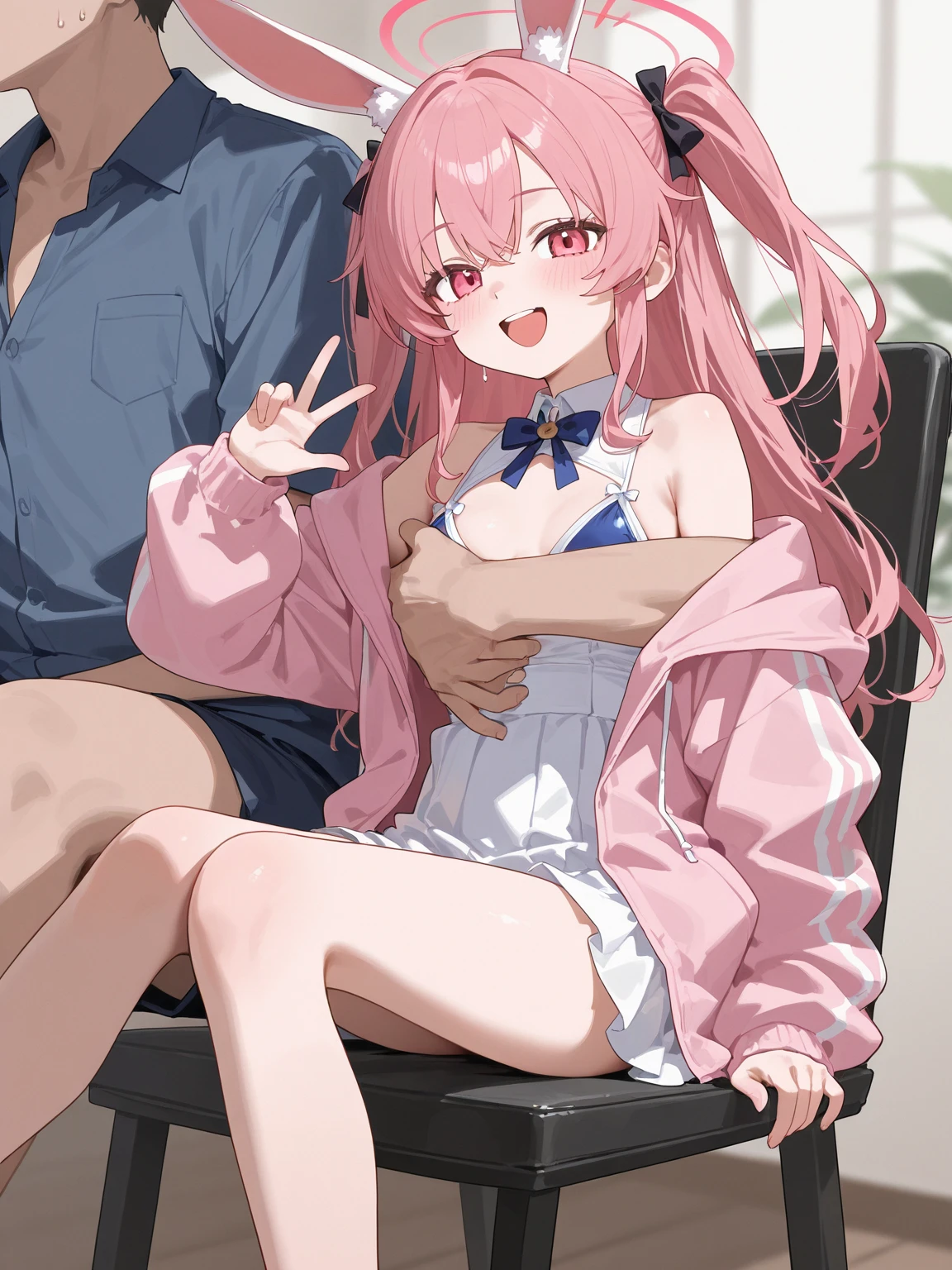 Young girl with pink hair, long two tail hairstyle, ((small bushy eyebrows)), using a lolita bikini, lolicon flirty smile, giving a man a blowjob, deep swallowing the penis, girl sucking penis , in a street, girl giving a deep blowjob to a man, penis deep inside his mouth