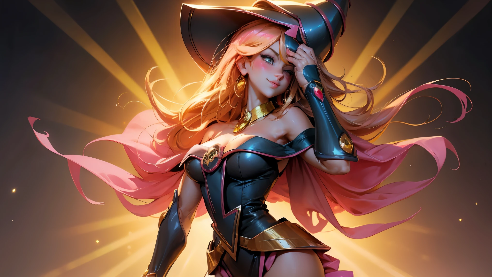 Crea el hermoso rostro de dark magician gils. Ojos azules. Labios rosados. Tes blanca. Cabello rubio. girl smile. Hombros destapados y en bikini. Collar en el cuello. Rostro de dark magician gils . En bikini. Pose sensual y inocente 