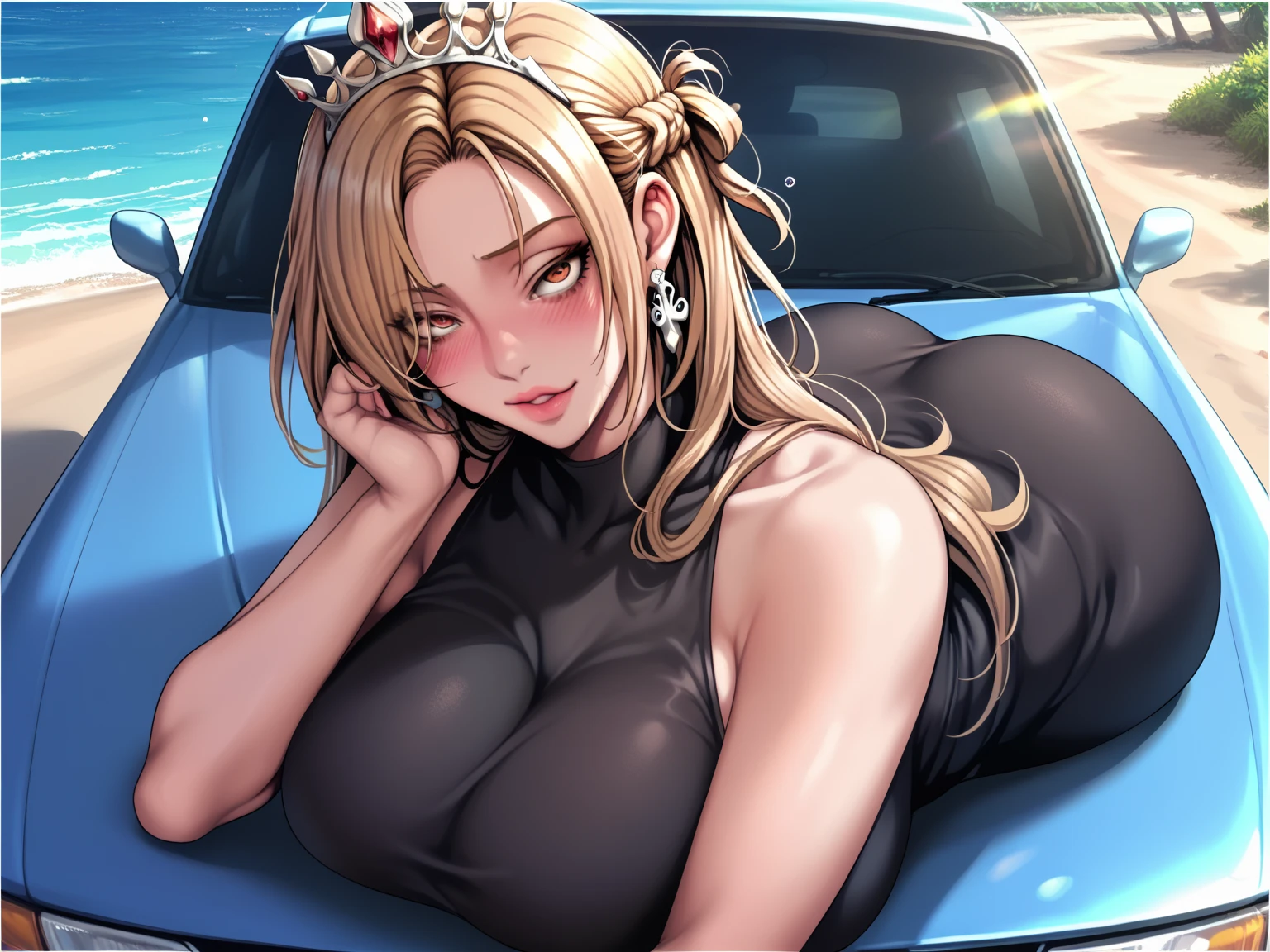 1 girl, blonde bob hair, heart shaped eyes, ♡, big breasts, lace queen, {girl with blonde bob hair named nao}, (Pink eye color), {race car}, (smile), bright background , mole under eye, Star-shaped choker, (masterpiece, highest quality), very detailed, highest quality, official art, beautiful and aesthetic: 1.2), (1 girl), very detailed, (geometry art: 1.3), colorful, most detailed ,(garden,beautiful flower々), (masterpiece, highest quality), official art, beautiful and aesthetic: 1.2), (1 girl), very detailed, (geometry art: 1.3), colorful